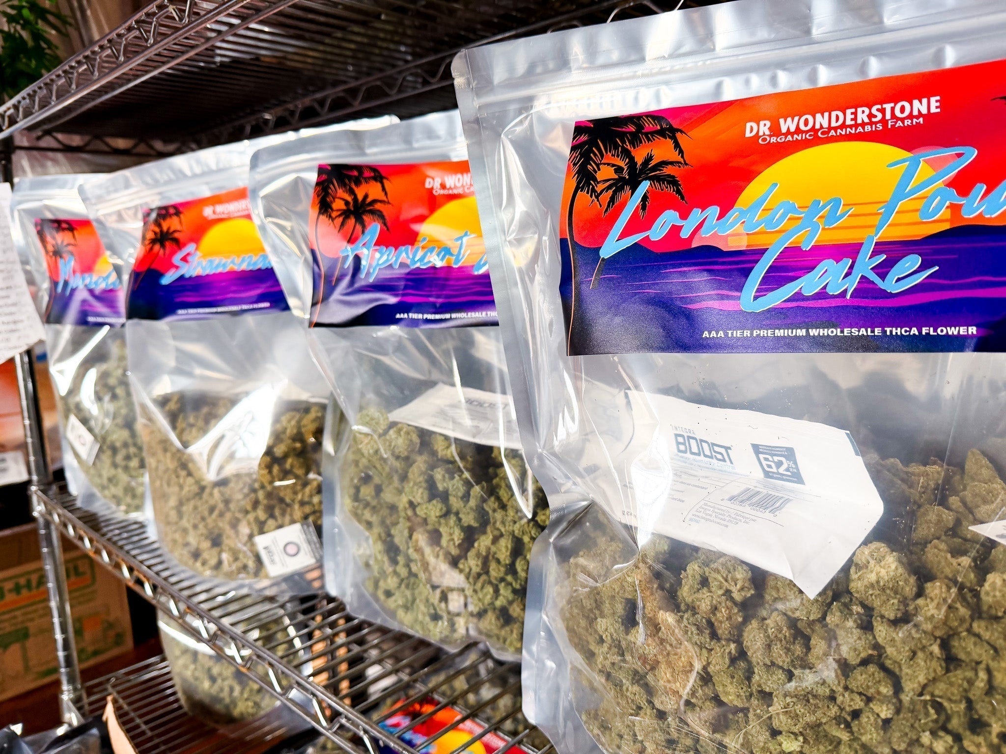 Wholesale THCa flower bags from Dr. Wonderstone displayed on shelves for retailers buying bulk flower