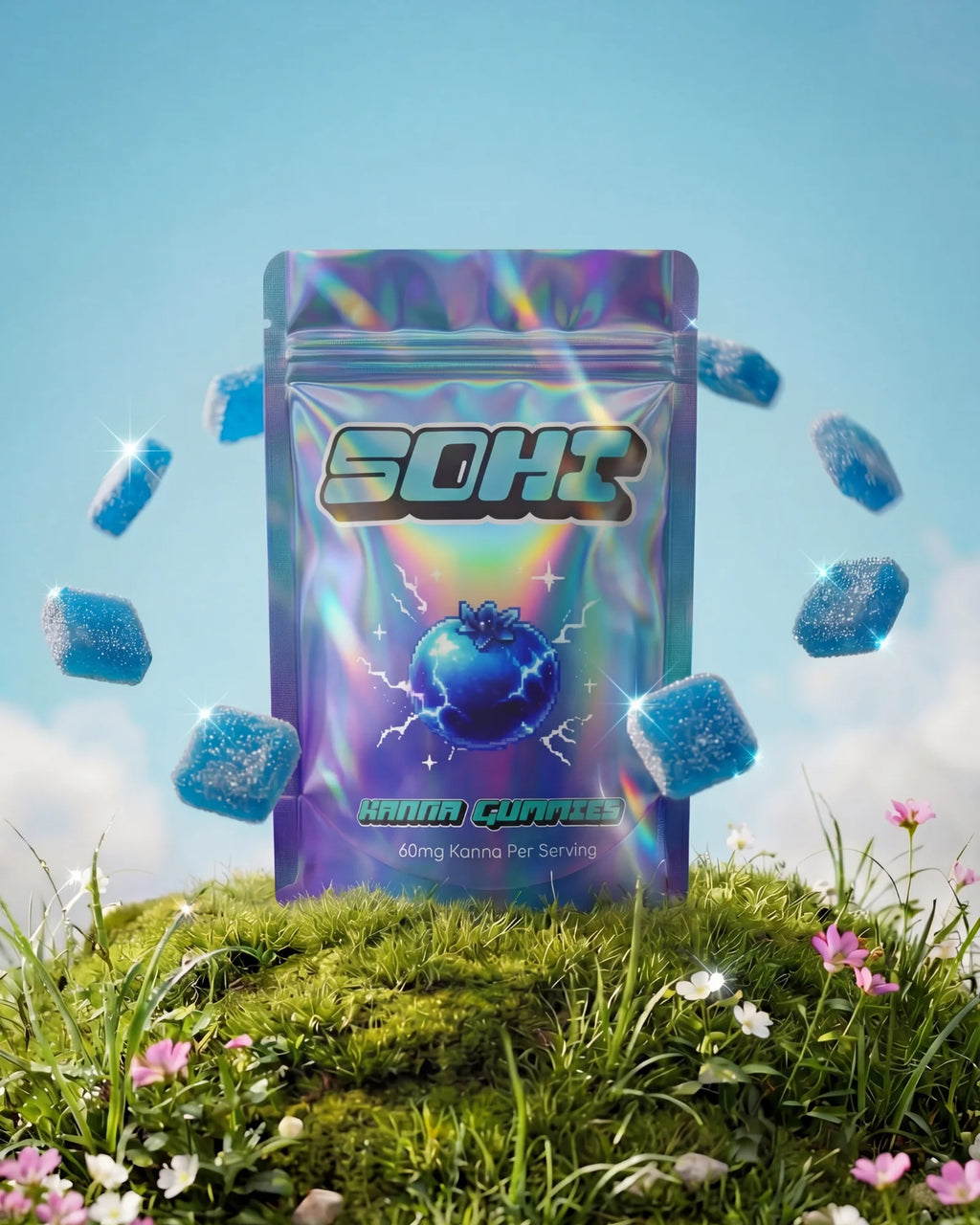 SOHO gummies package with blue gummies on a grassy background