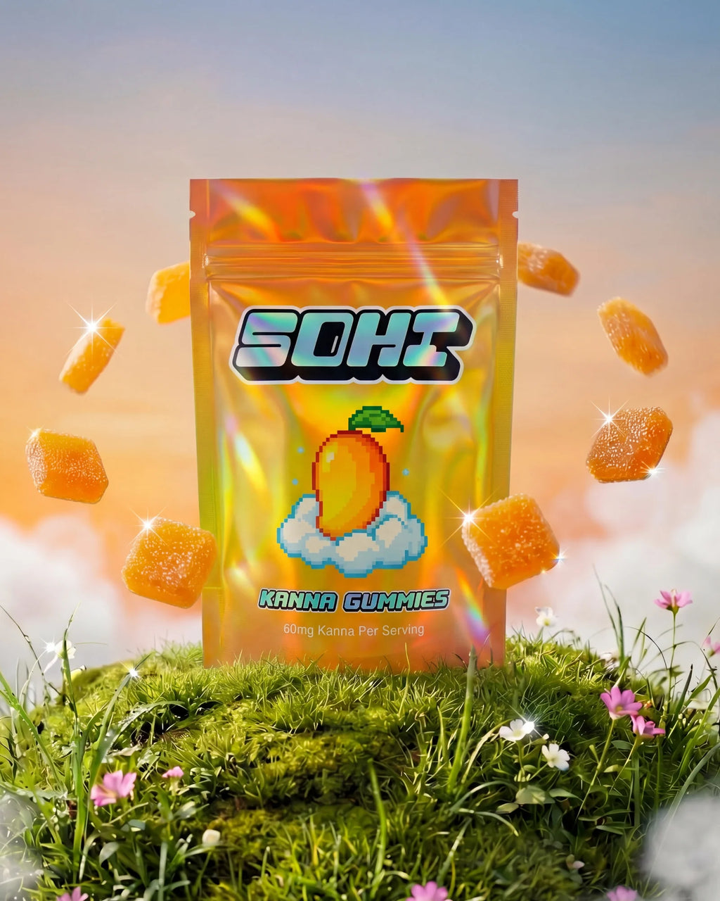 SOHI Kana Gummies package on a grassy field with gummy bears floating around