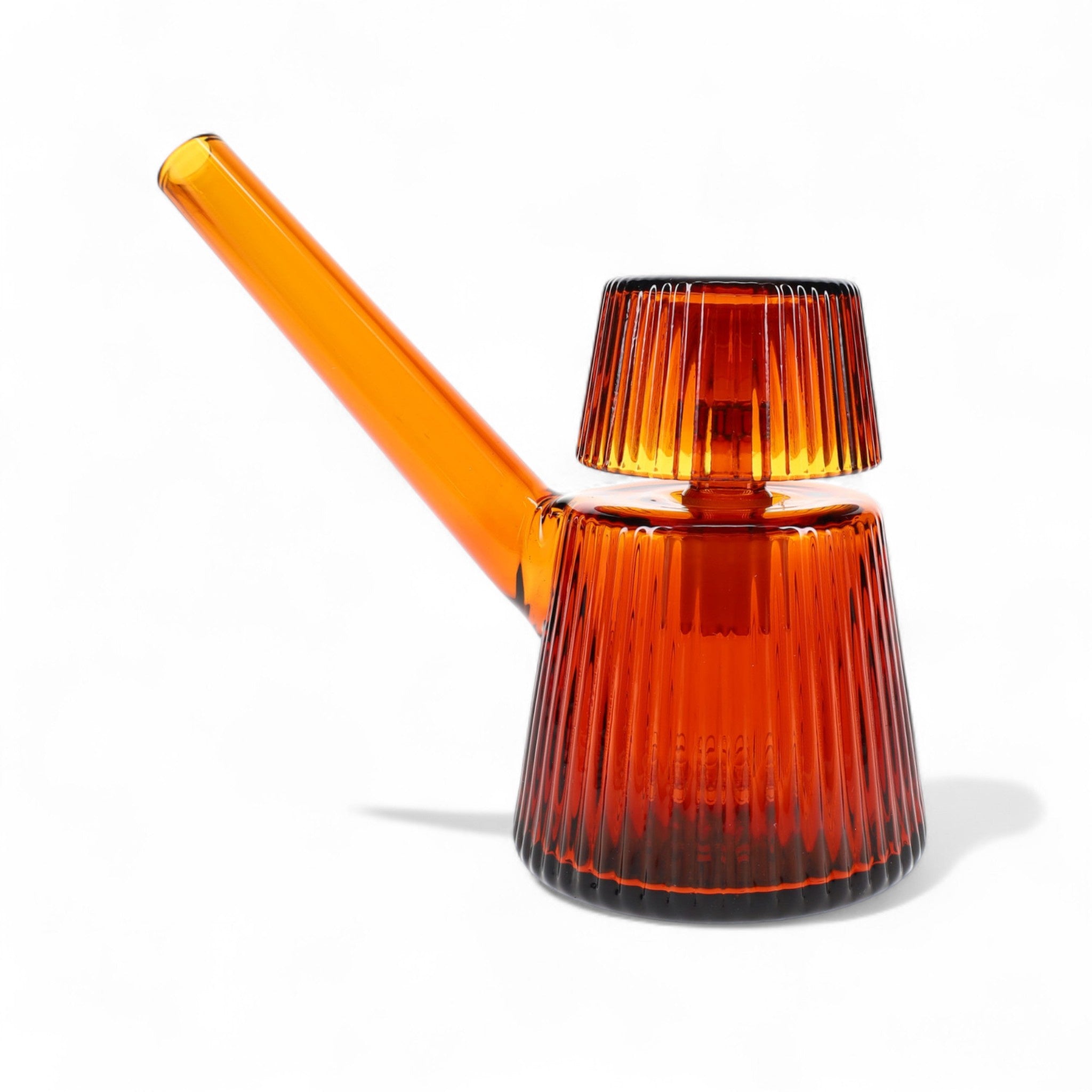 Orange glass pipe with ribbed design on a white background