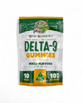 Bag of Delta-9 Gummies with branding and product details on a white background