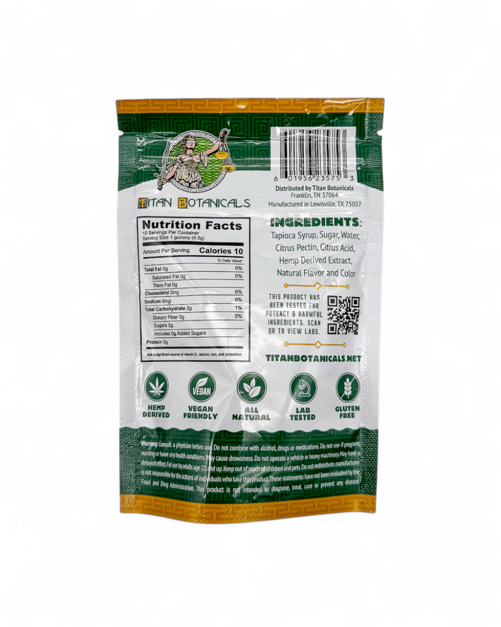 Back of a Titan Botanicals product packaging with nutrition facts and ingredients listed.