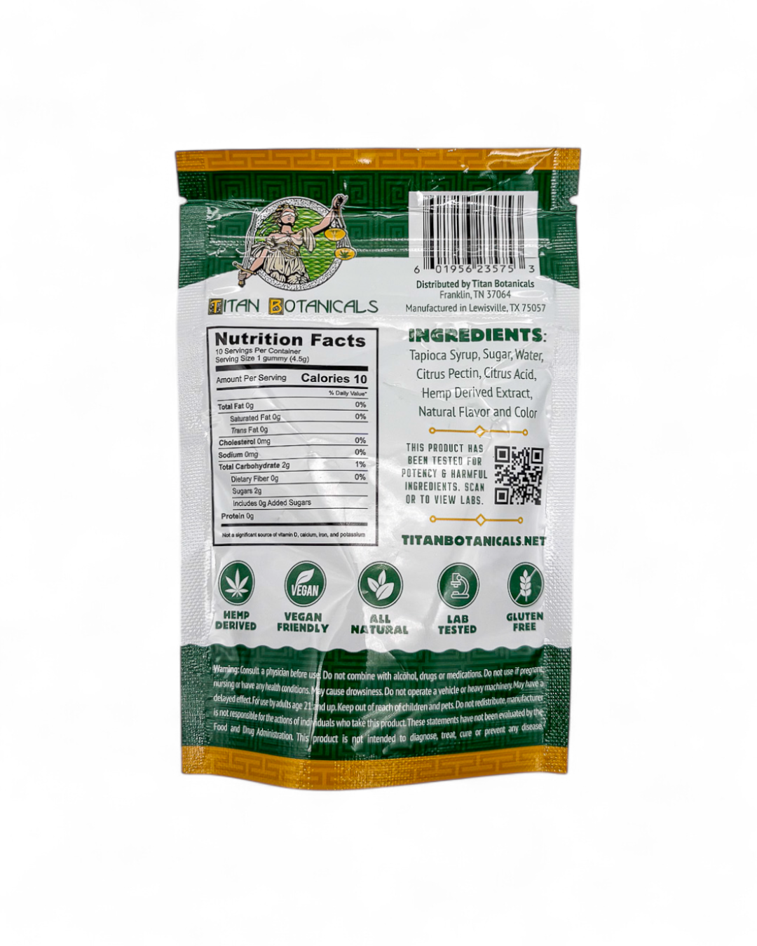 Back of a Titan Botanicals product packaging with nutrition facts and ingredients listed.