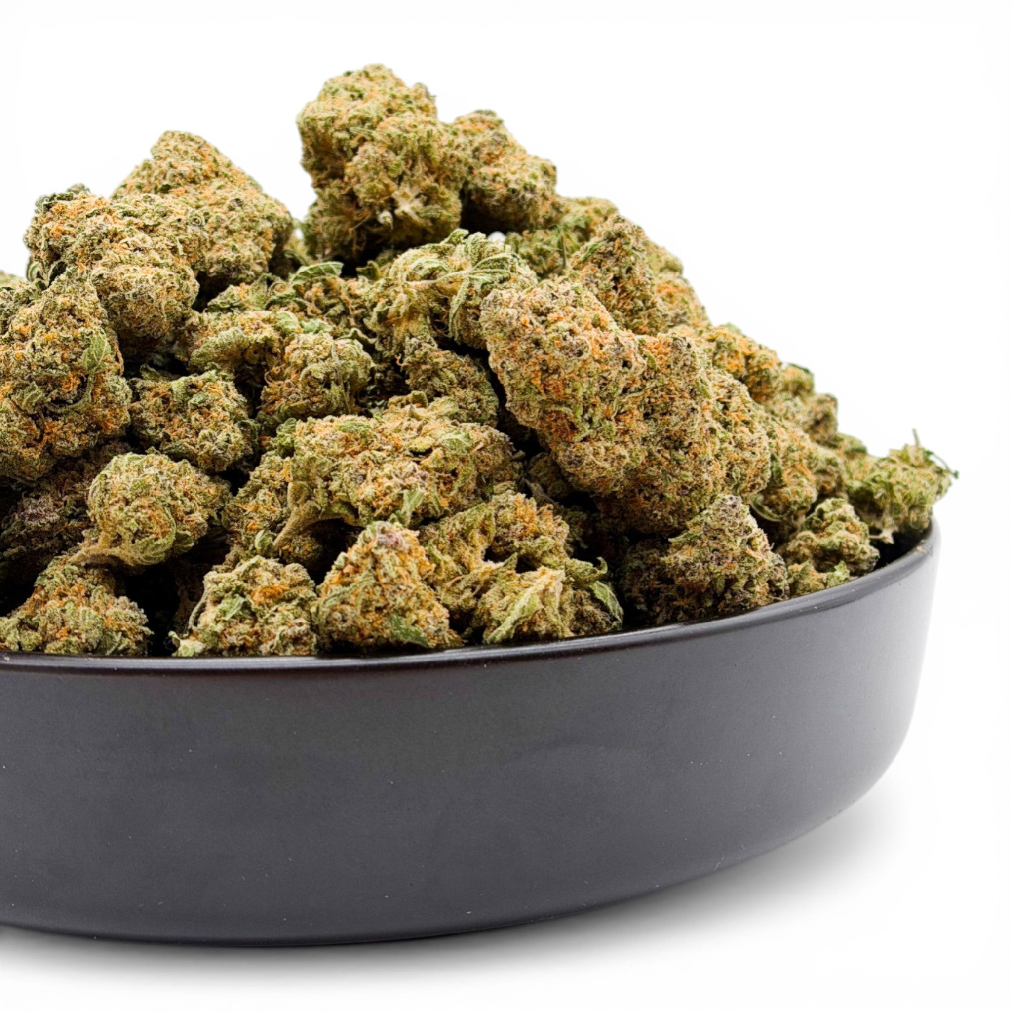 Bowl filled with Tree Flip THCa cannabis buds on a white background from Dr. Wonderstone Organic Cannabis Farm