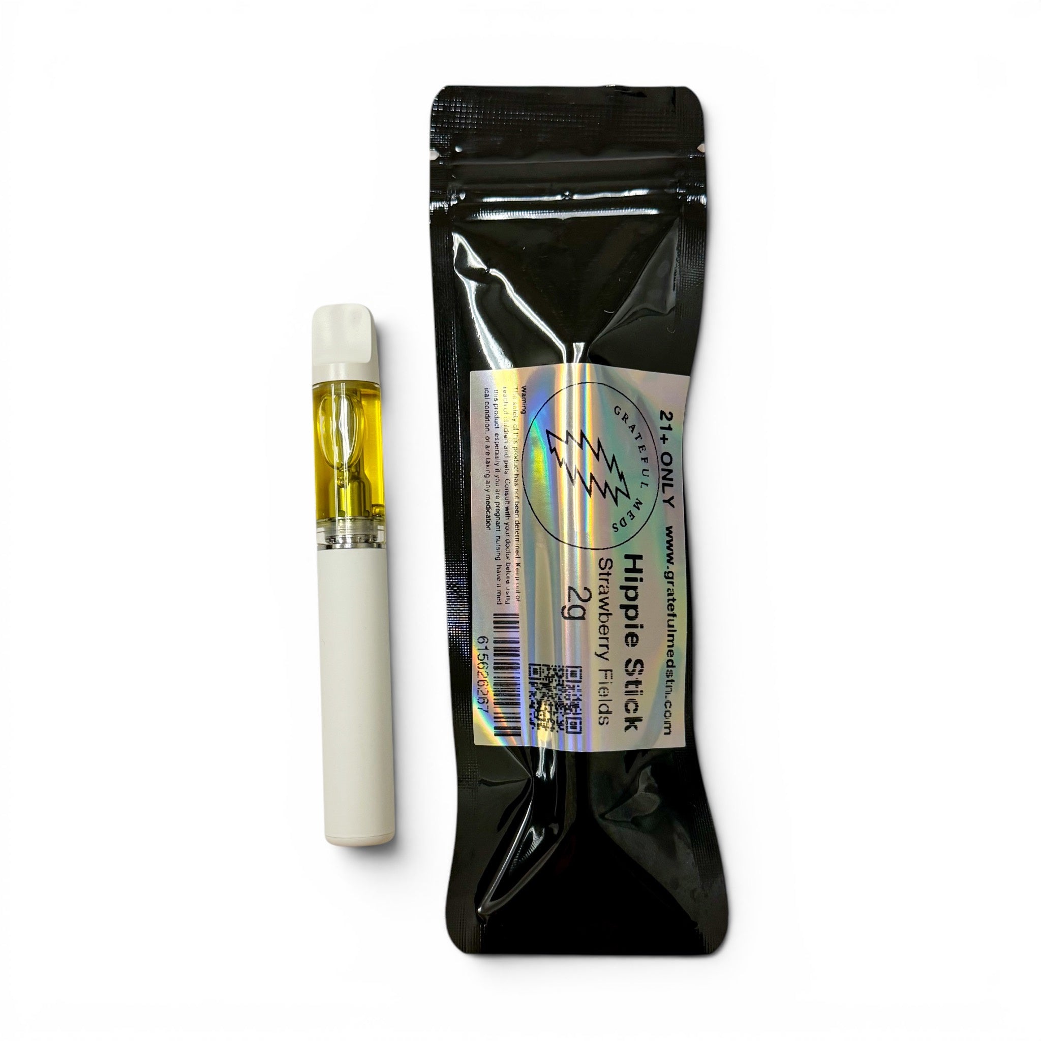 A single vape drip tip with a white body and clear chamber showing yellow oil, placed next to its black resealable pouch packaging on a white background.