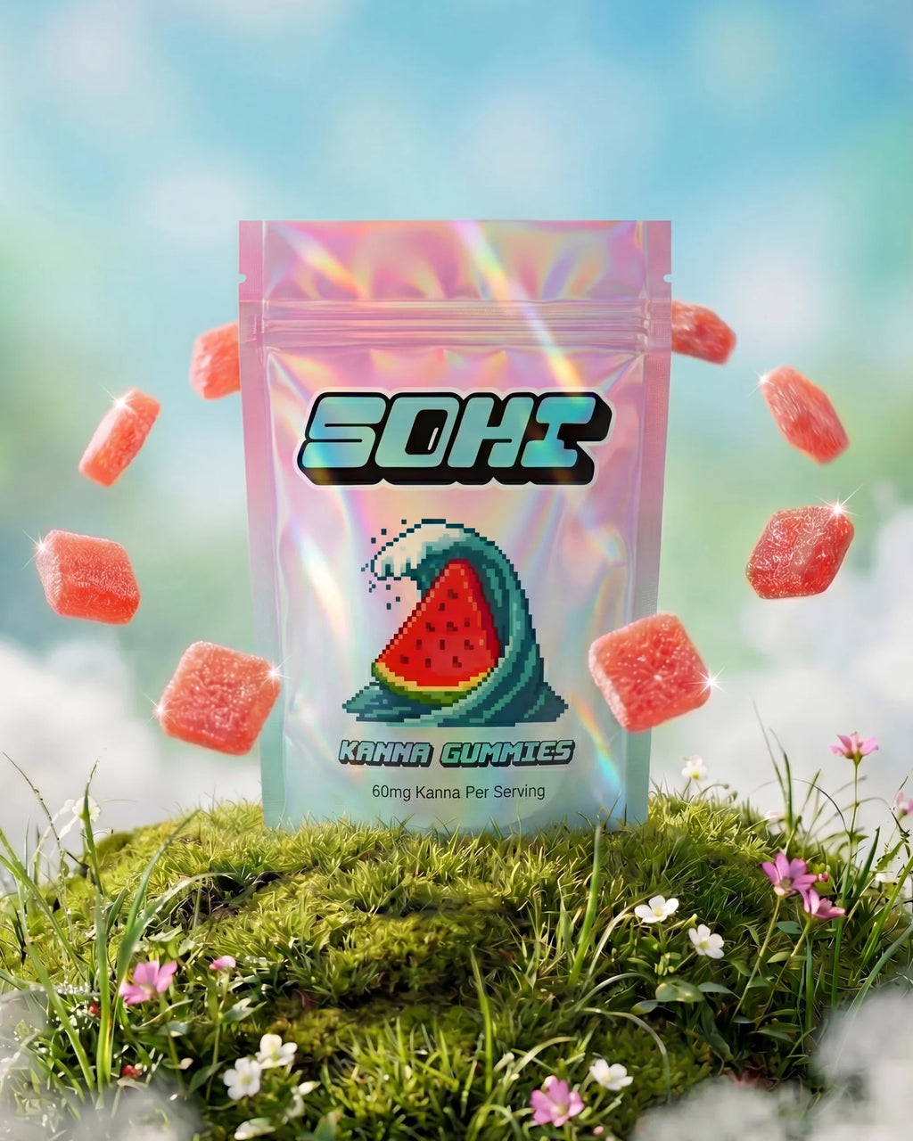Sohi Kanna Gummies packaging with gummies around on a natural background