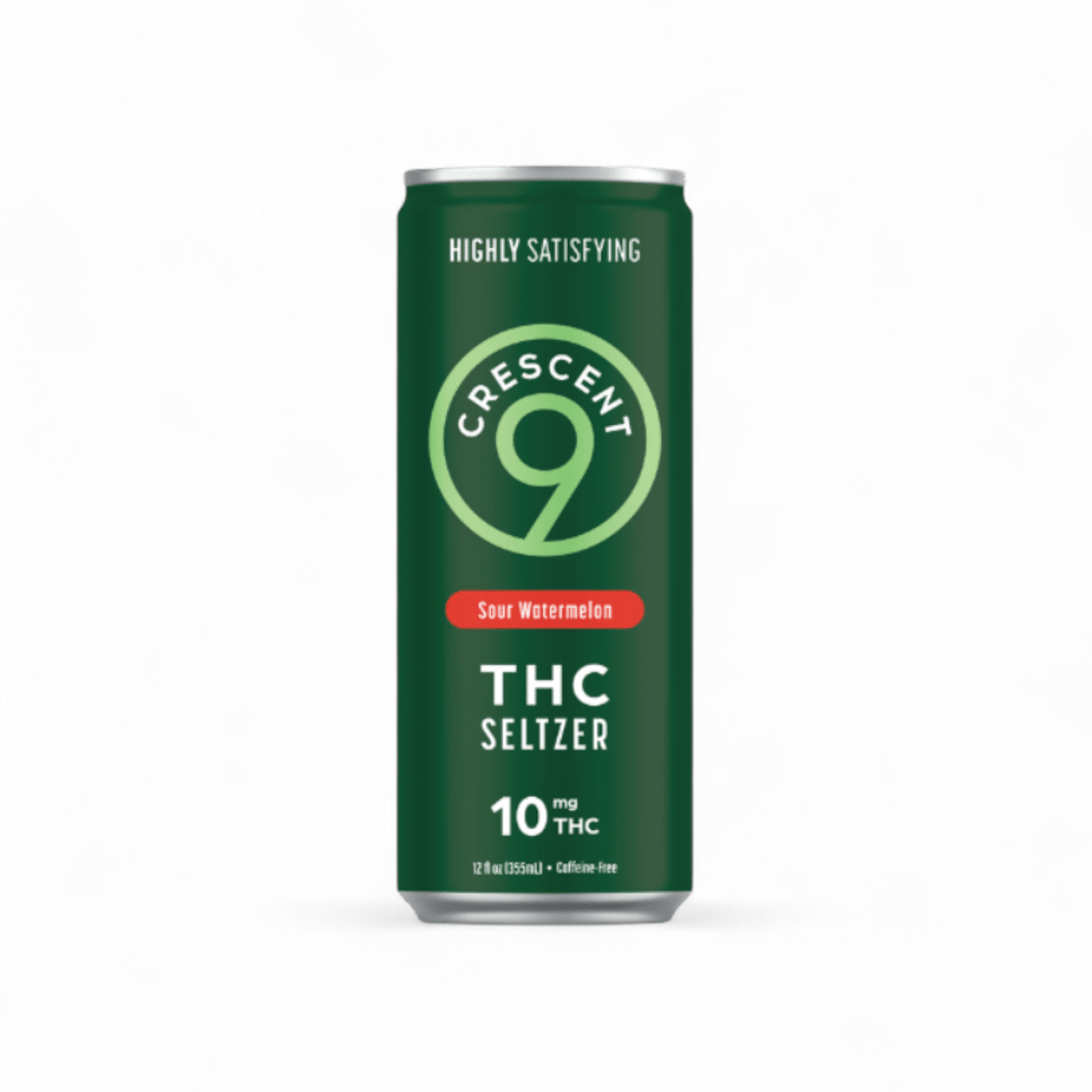 Green can of Crescent 9 THC Seltzer with 'Highly Satisfying' text on a white background