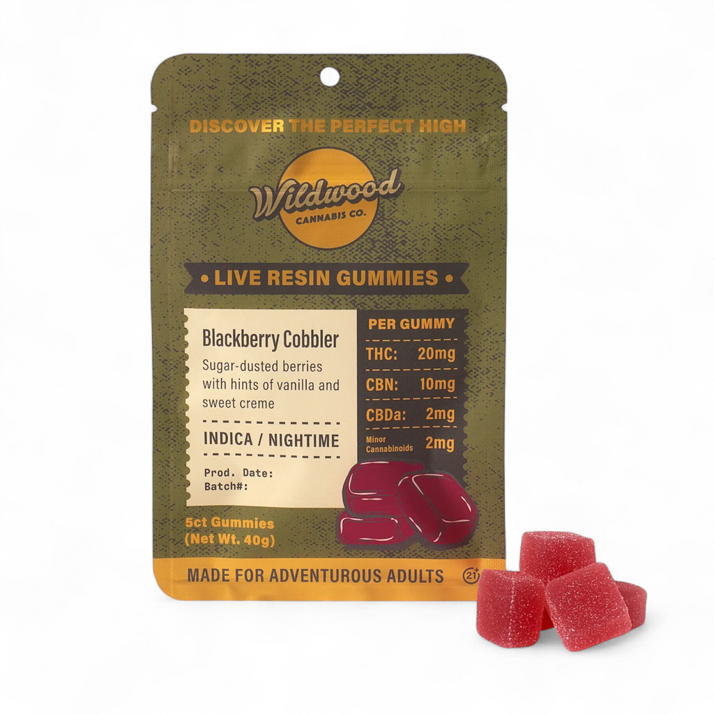 Wildwood Cannabis Co. gummy packaging with red gummies on a white background