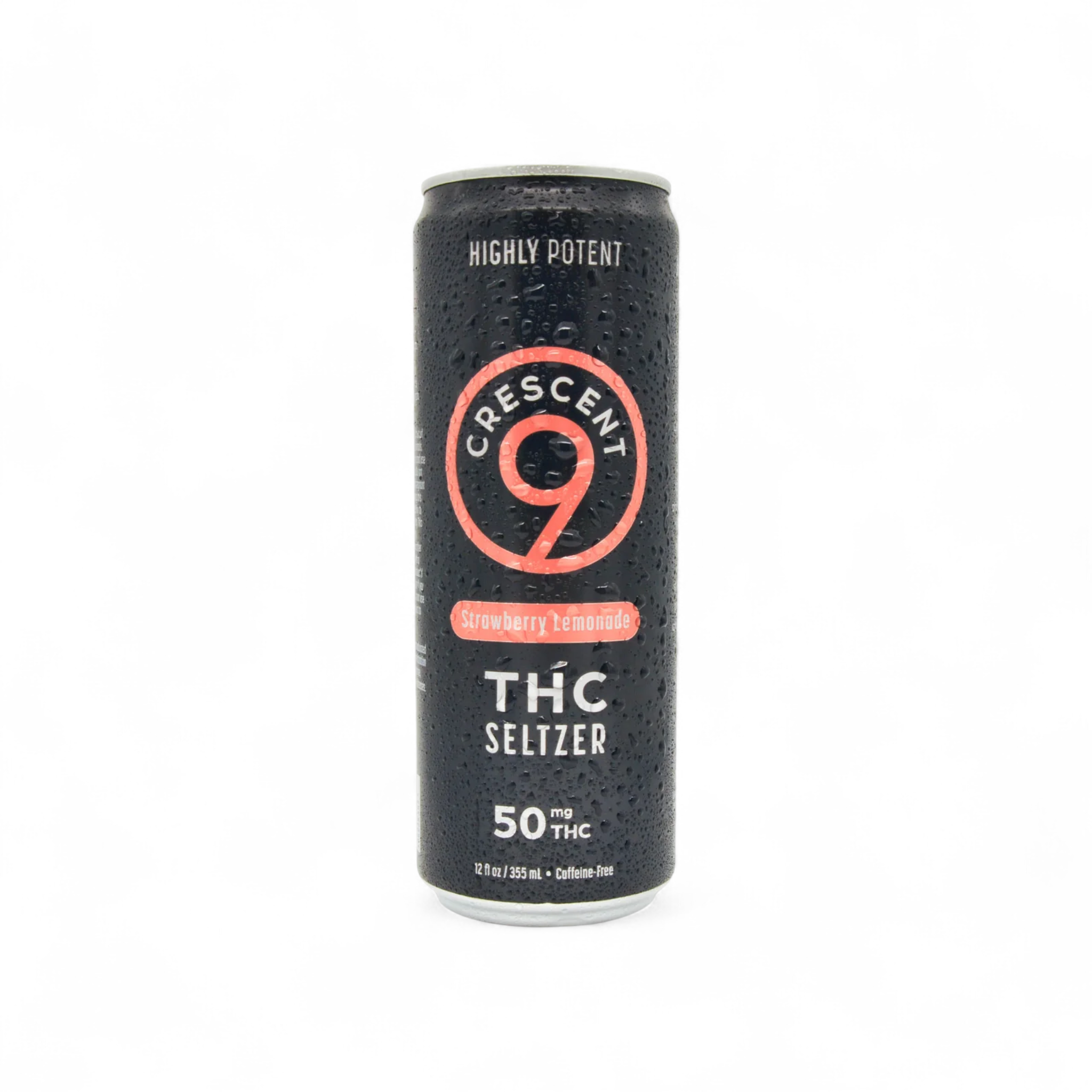 Black can of Crescent 9 THC Seltzer with red logo on a white background