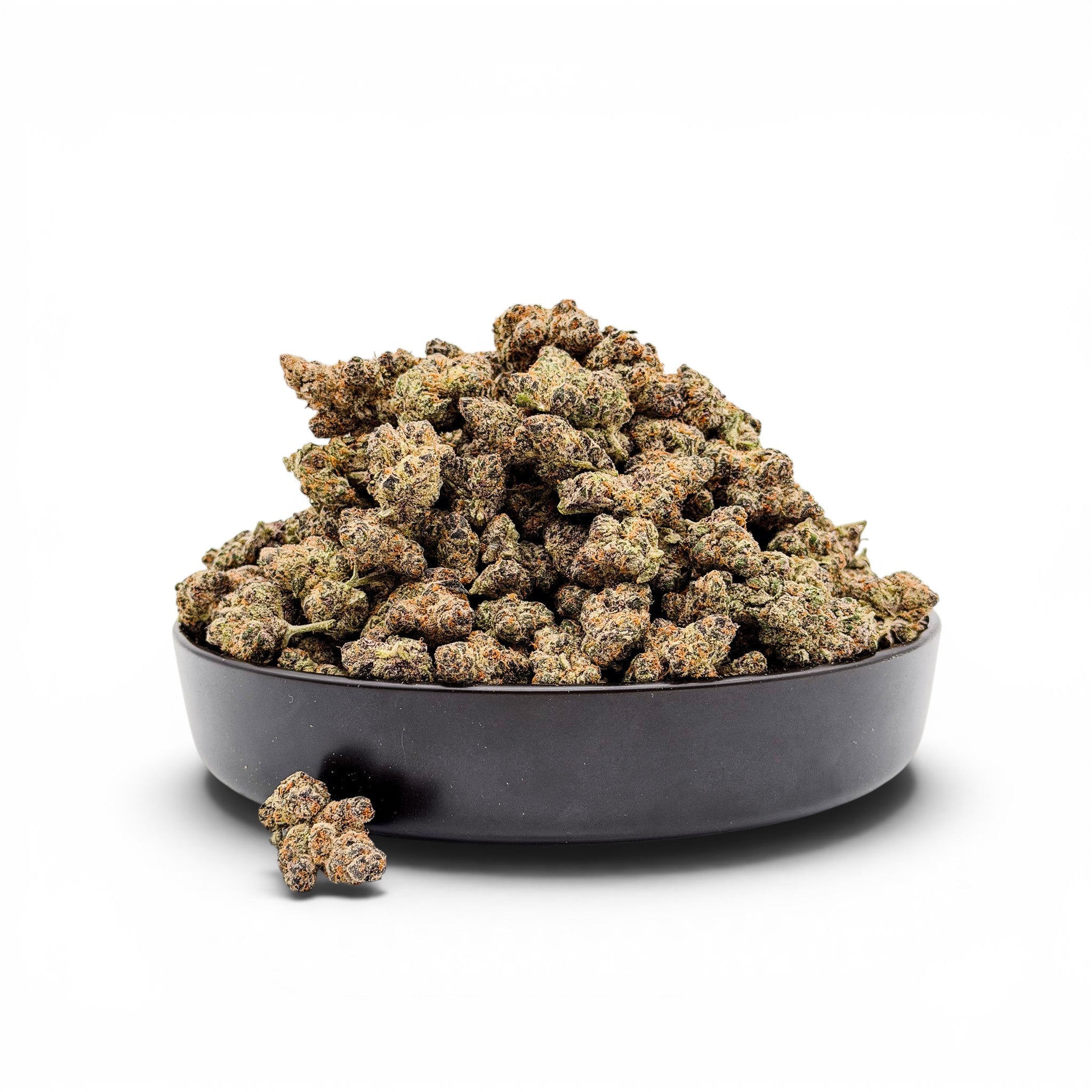 Dr. Wonderstone Premium THCa Flower in a black bowl, featuring dense, trichome-covered buds in shades of green, purple, and orange.
