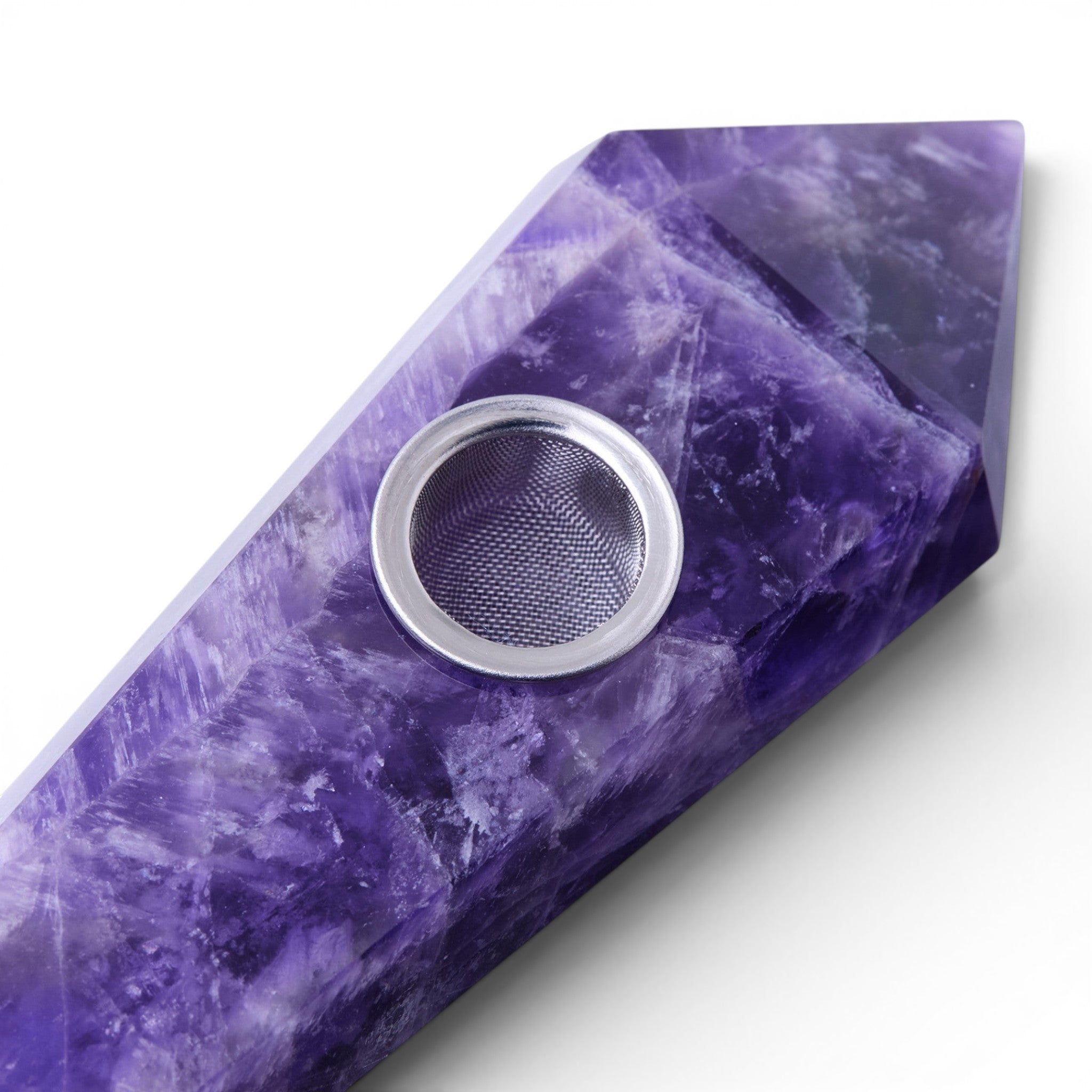 Dr. Wonderstone purple amethyst crystal hand pipe with faceted edges and a removable metal bowl screen