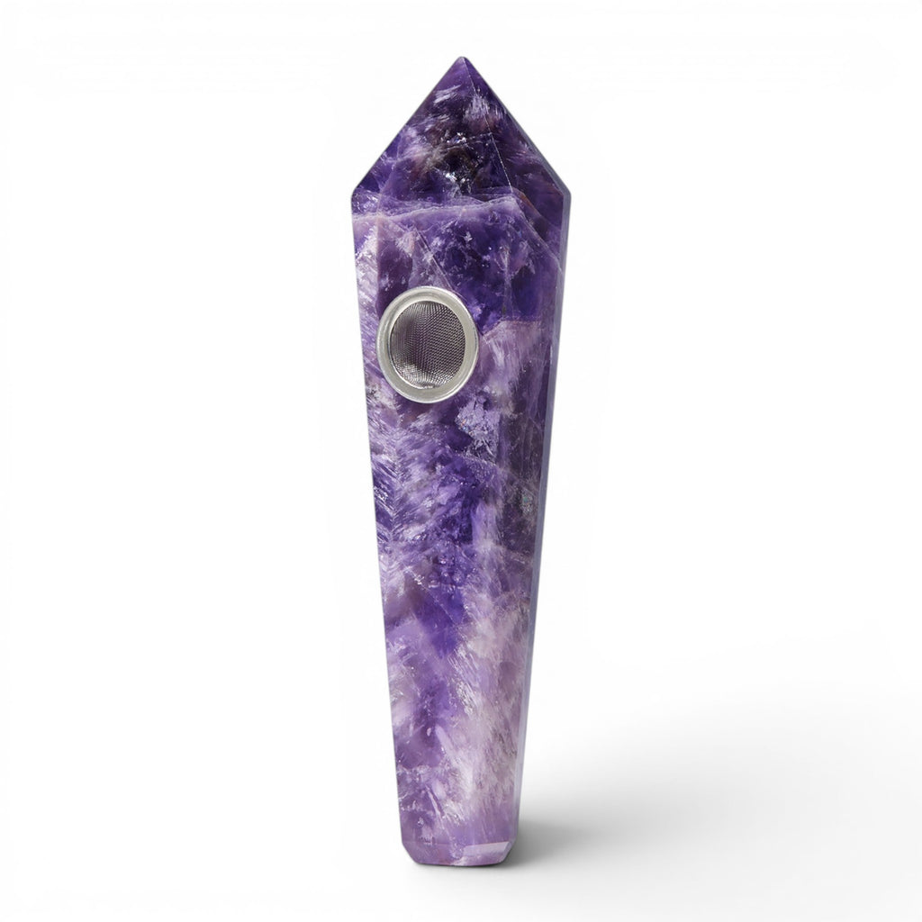 Dr. Wonderstone faceted purple amethyst crystal hand pipe with a metal bowl screen on a white background.