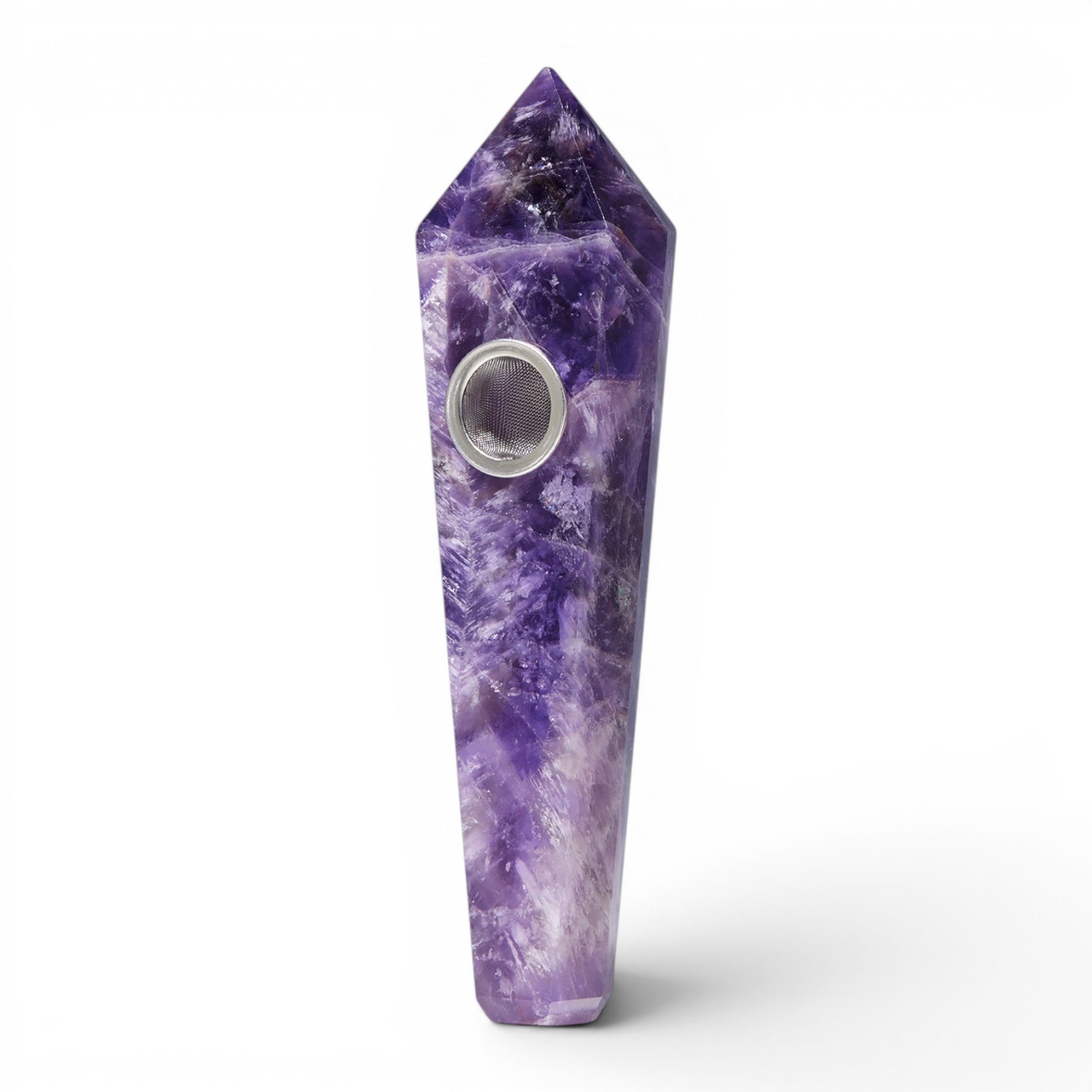 Dr. Wonderstone faceted purple amethyst crystal hand pipe with a metal bowl screen on a white background.