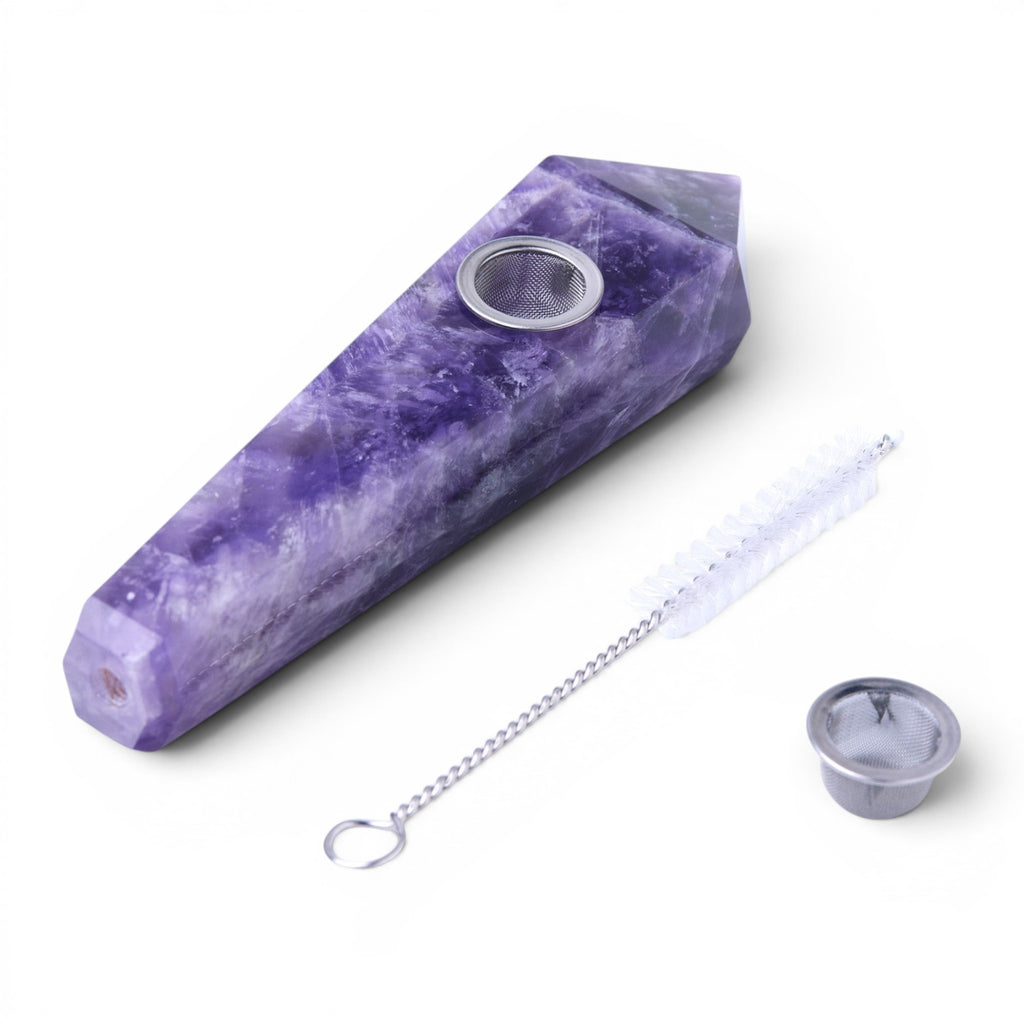 Dr. Wonderstone faceted purple amethyst crystal hand pipe with a removable metal screen and cleaning brush.