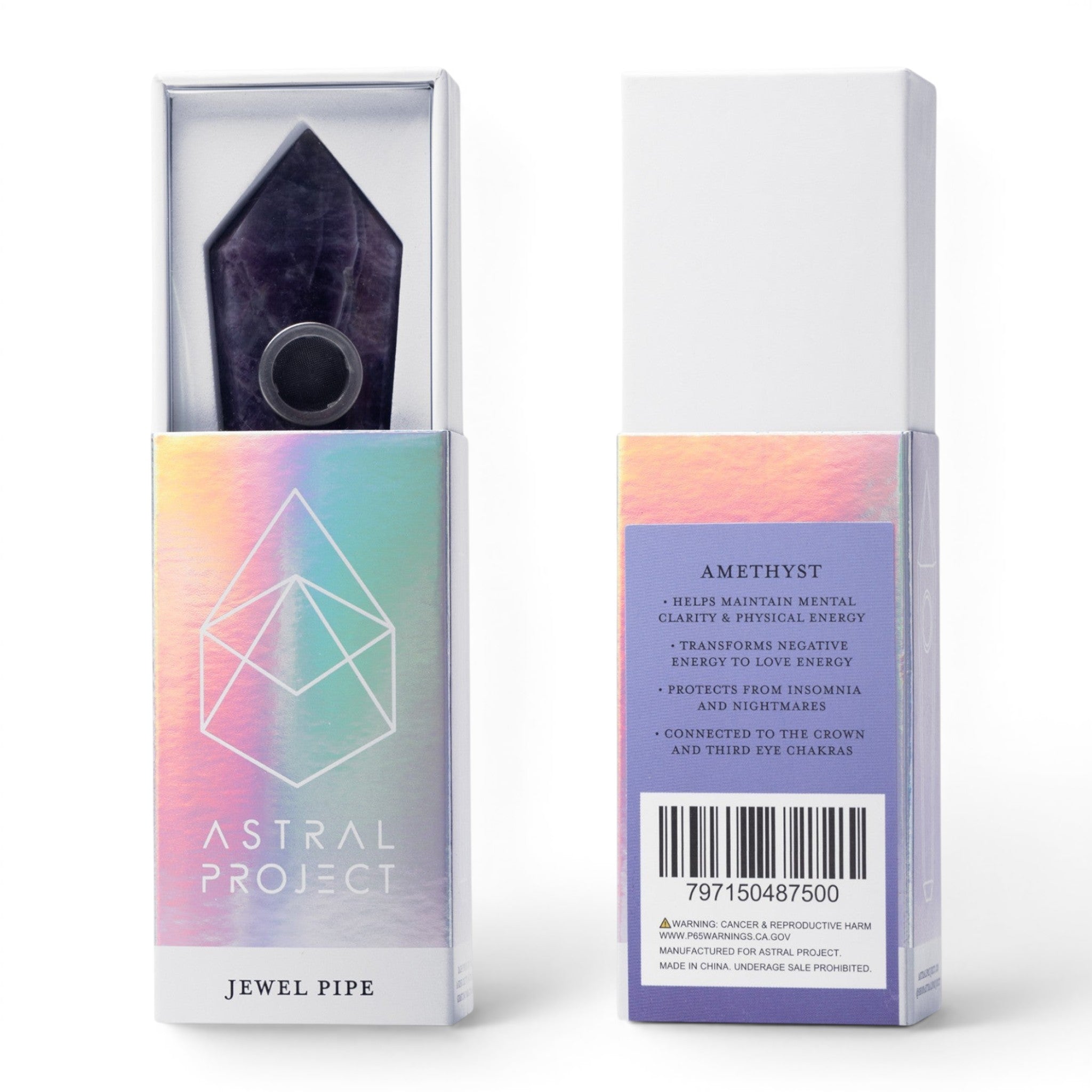 Dr. Wonderstone Astral Project amethyst crystal jewel hand pipe in iridescent packaging with product information.
