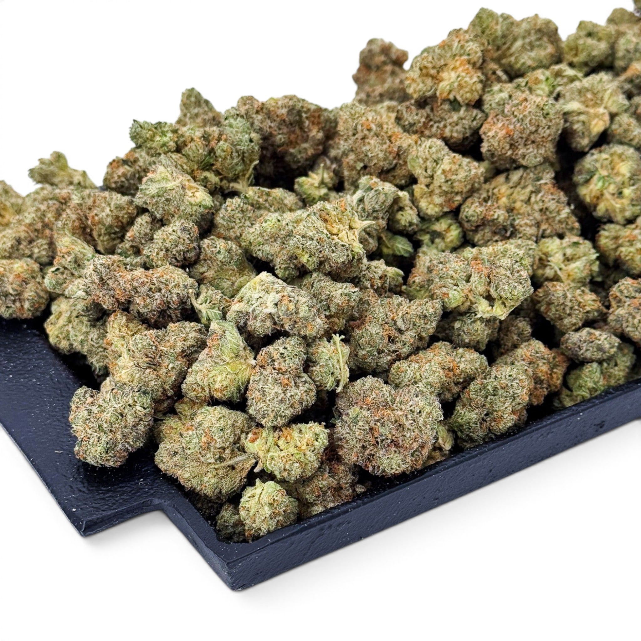 Dr. Wonderstone Banana Zkittlez THCa flower buds with dense, frosted green structure on a black tray.