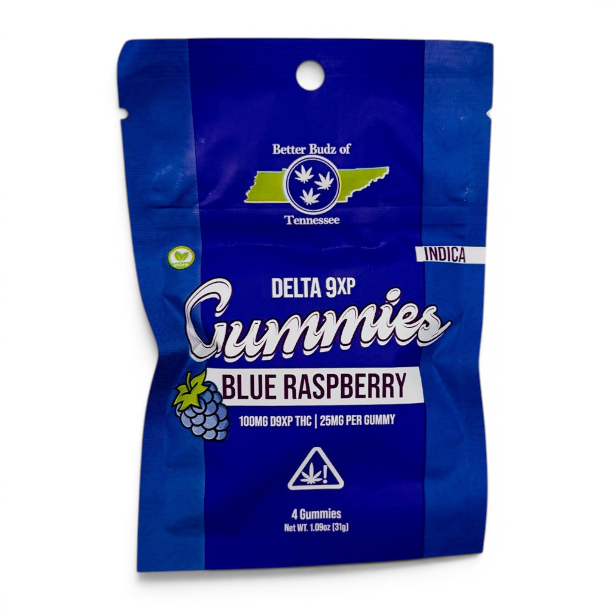 Dr. Wonderstone Better Budz blue raspberry Delta-9 THC gummies in a 4-pack pouch with live resin terpenes.