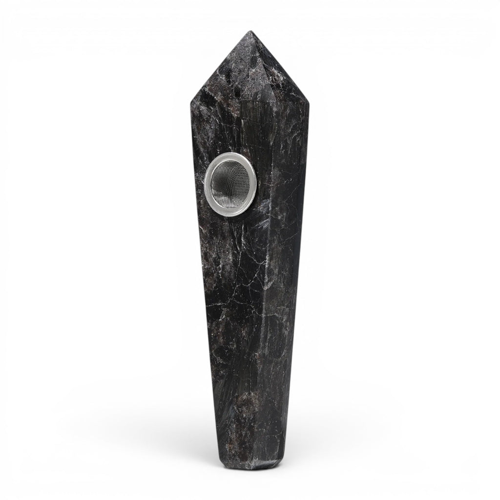 Dr. Wonderstone Astral Project black crystal hand pipe with faceted edges and a removable metal bowl screen.