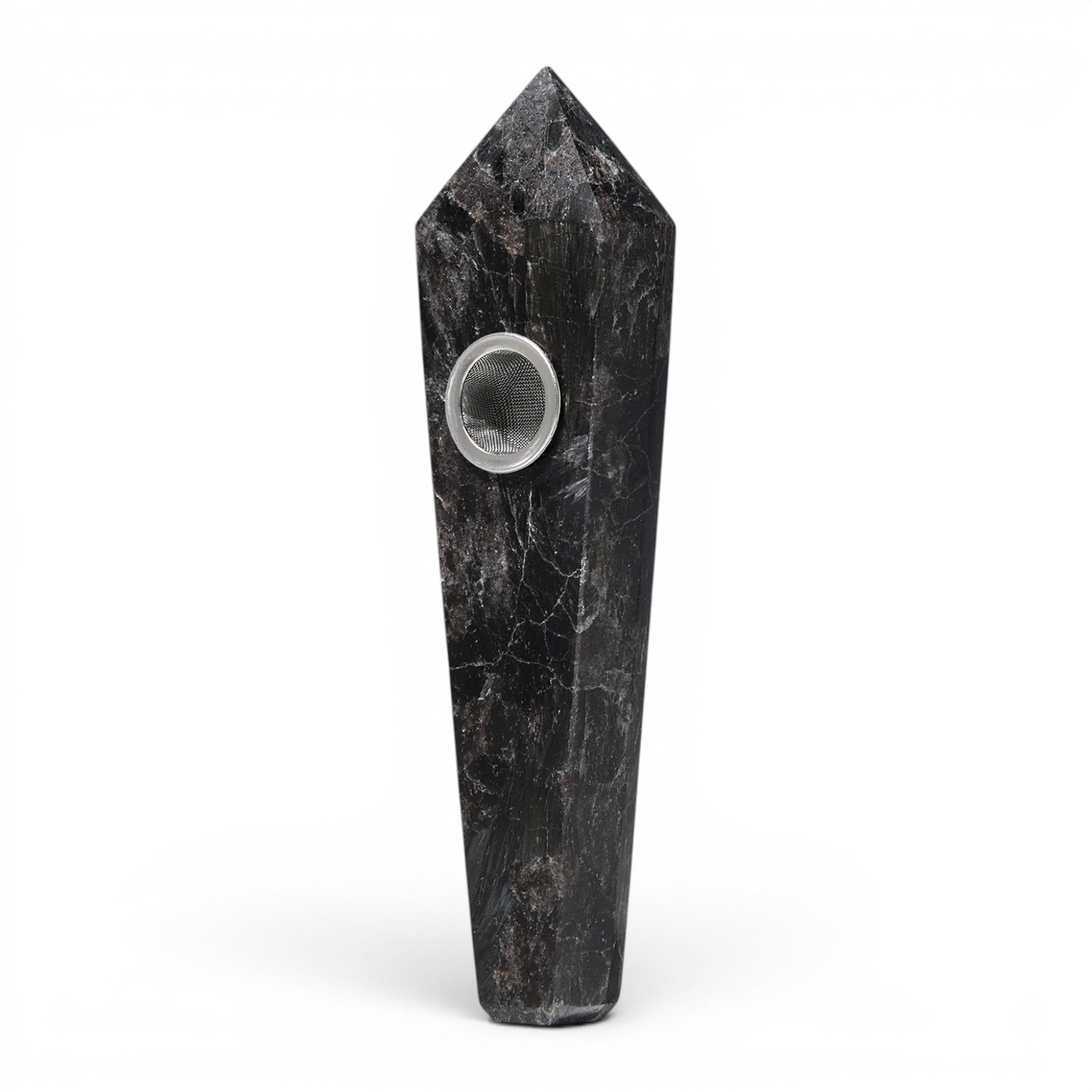 Dr. Wonderstone Astral Project black crystal hand pipe with faceted edges and a removable metal bowl screen.