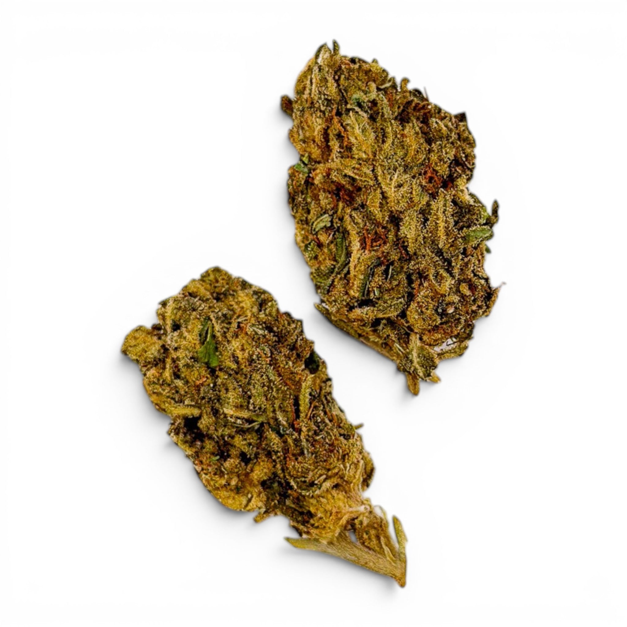 Dr. Wonderstone Blue Dream THCa flower buds with frosty green texture and orange pistils on a white background