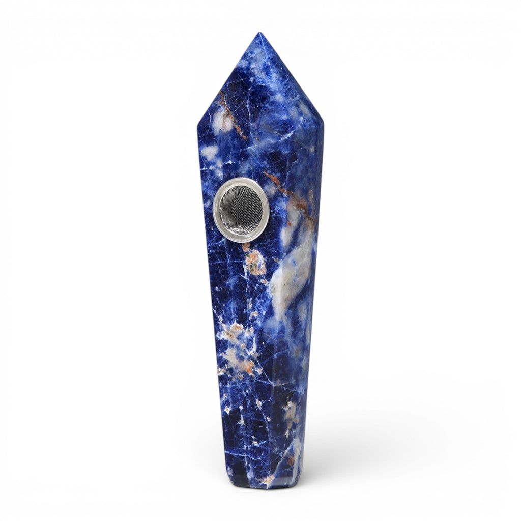 Dr. Wonderstone blue sodalite crystal hand pipe with faceted edges and a removable metal screen for smoking.