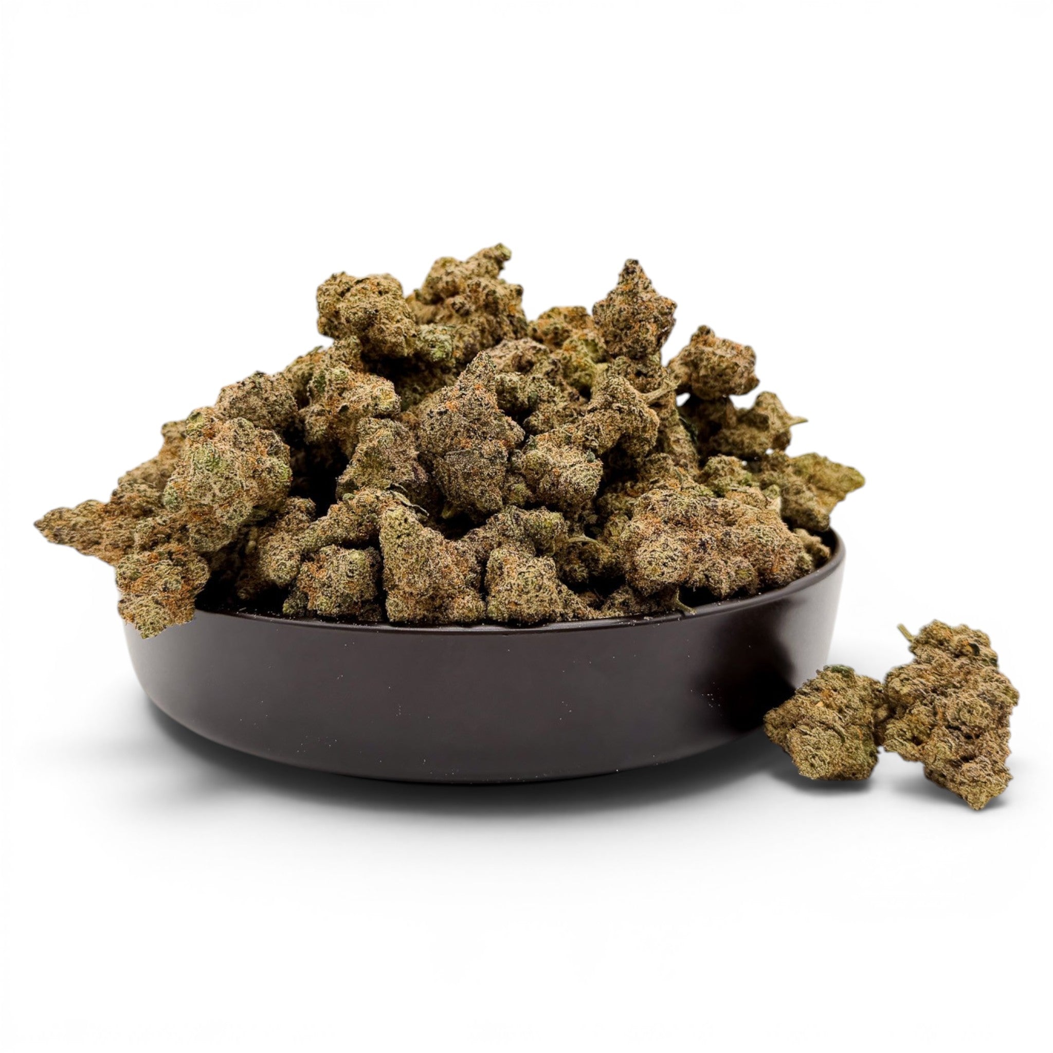 Dr. Wonderstone Blueberry Muffin THCa flower buds piled in a black bowl against a clean white background.