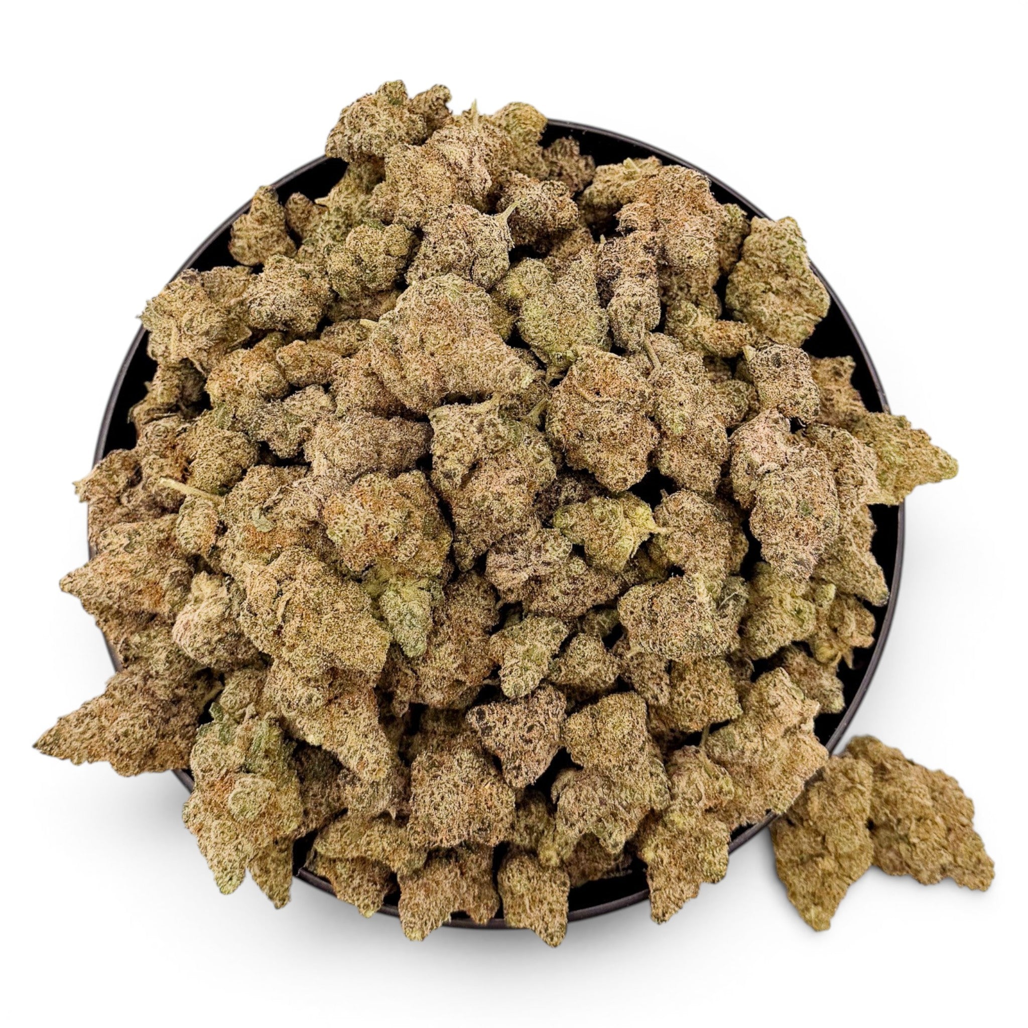 Dr. Wonderstone Blueberry Muffin THCa flower buds, featuring dense, sugar-coated green nugs in a black bowl.