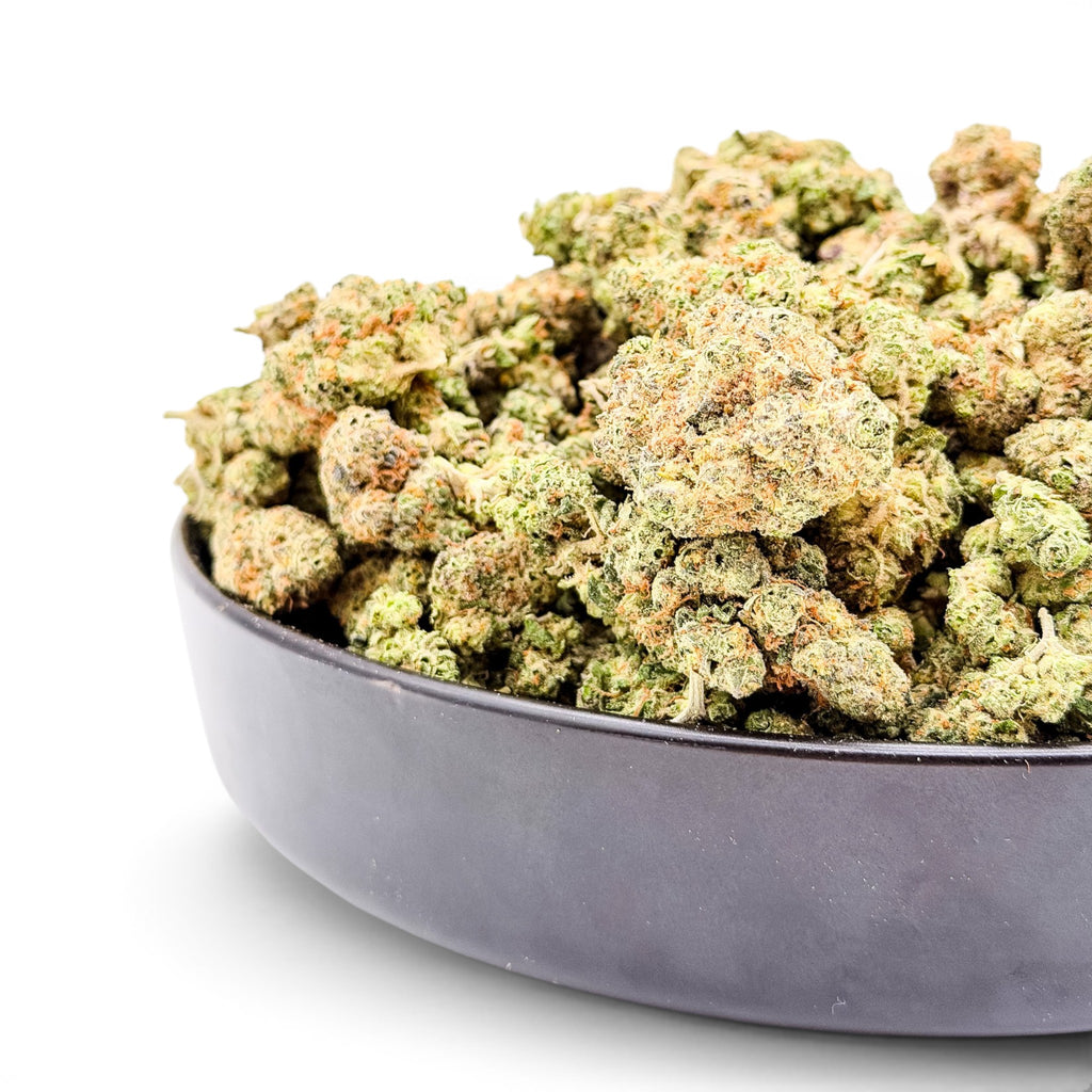 Dr. Wonderstone Blueberry Pancakes premium THCa flower buds in a black bowl against a white background.