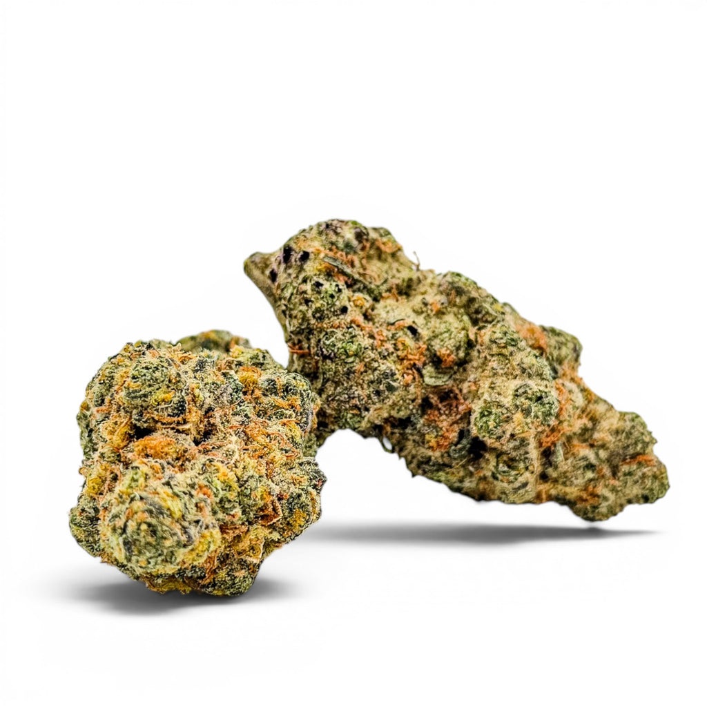 Dr. Wonderstone Blueberry Pancakes premium THCa flower buds with green leaves and orange pistils on white background