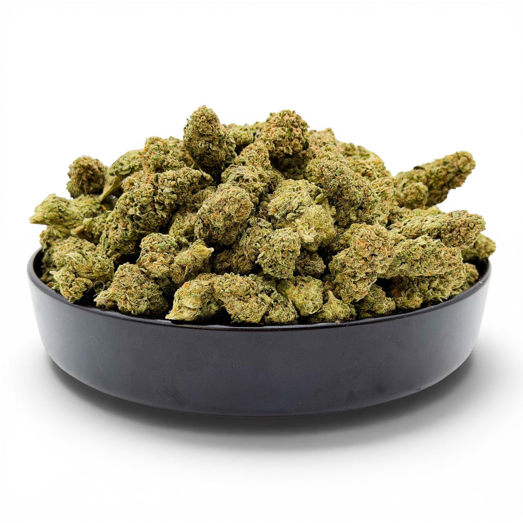 Dr. Wonderstone Bubble Gum premium indoor THCa flower buds in a black bowl with dense structure and orange pistils