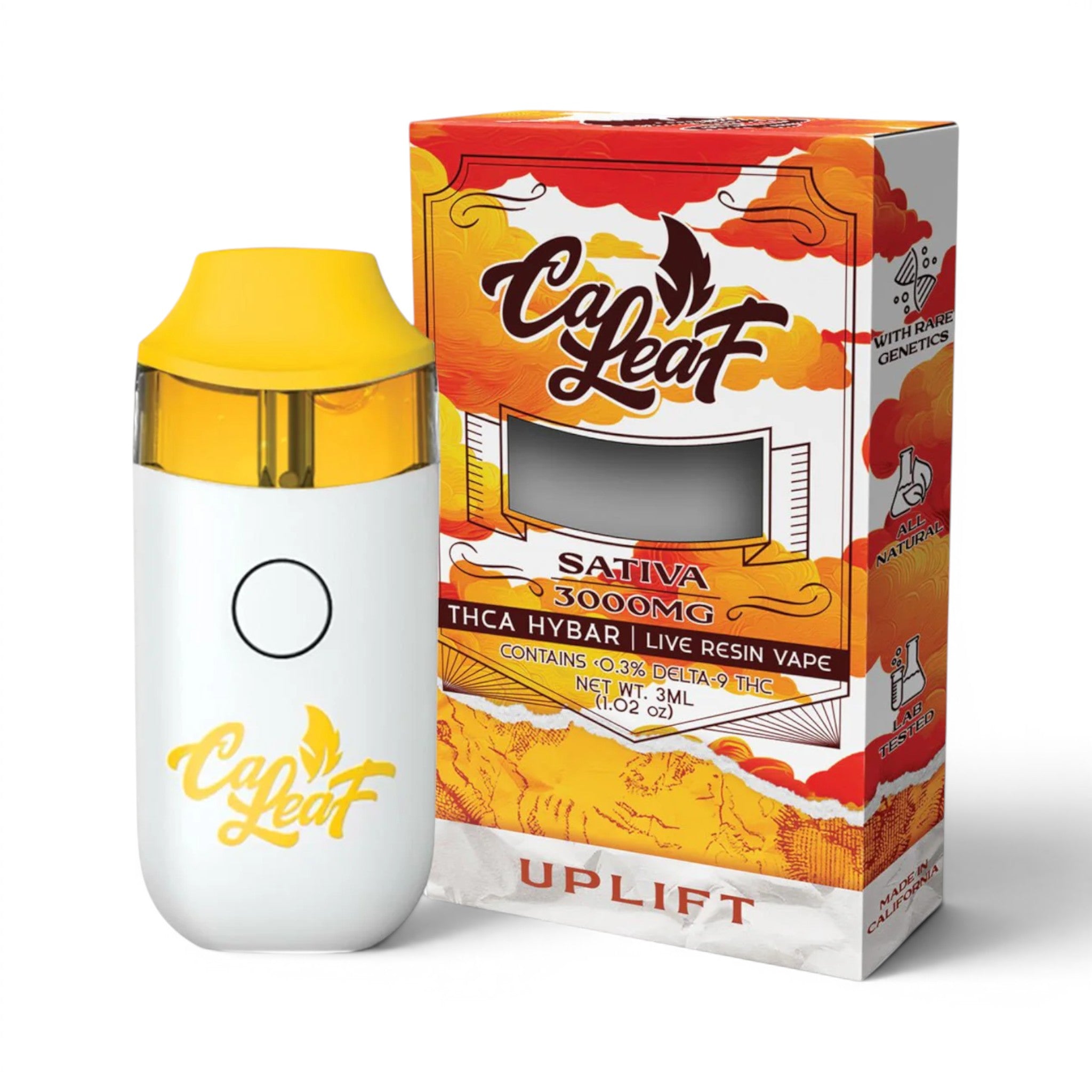 Dr. Wonderstone CaLeaf THCA HYBAR 3g Sativa disposable vape with white device and orange illustrated packaging.