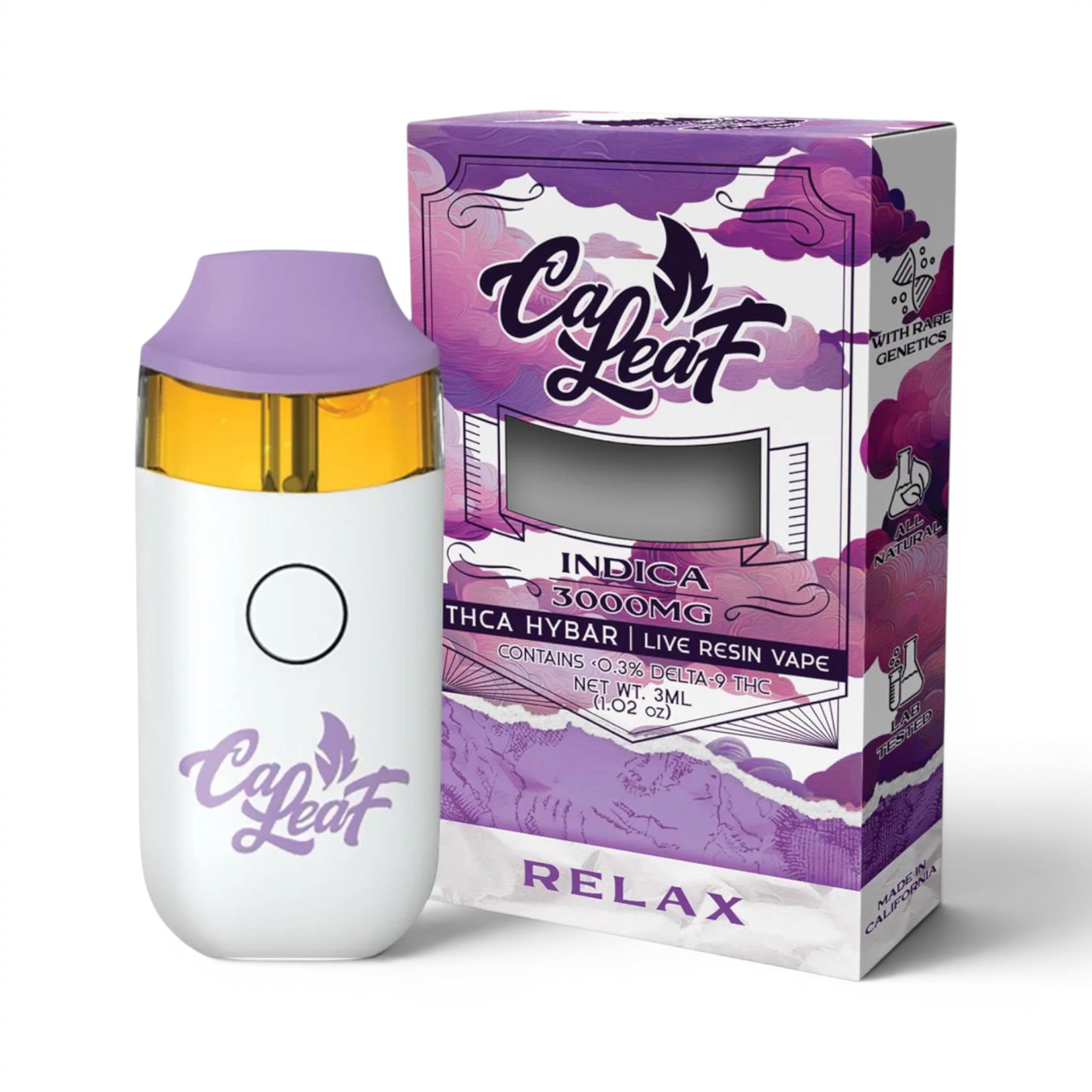 Dr. Wonderstone CaLeaf THCA Hybar 3g Indica disposable vape device with purple mouthpiece and matching product box.