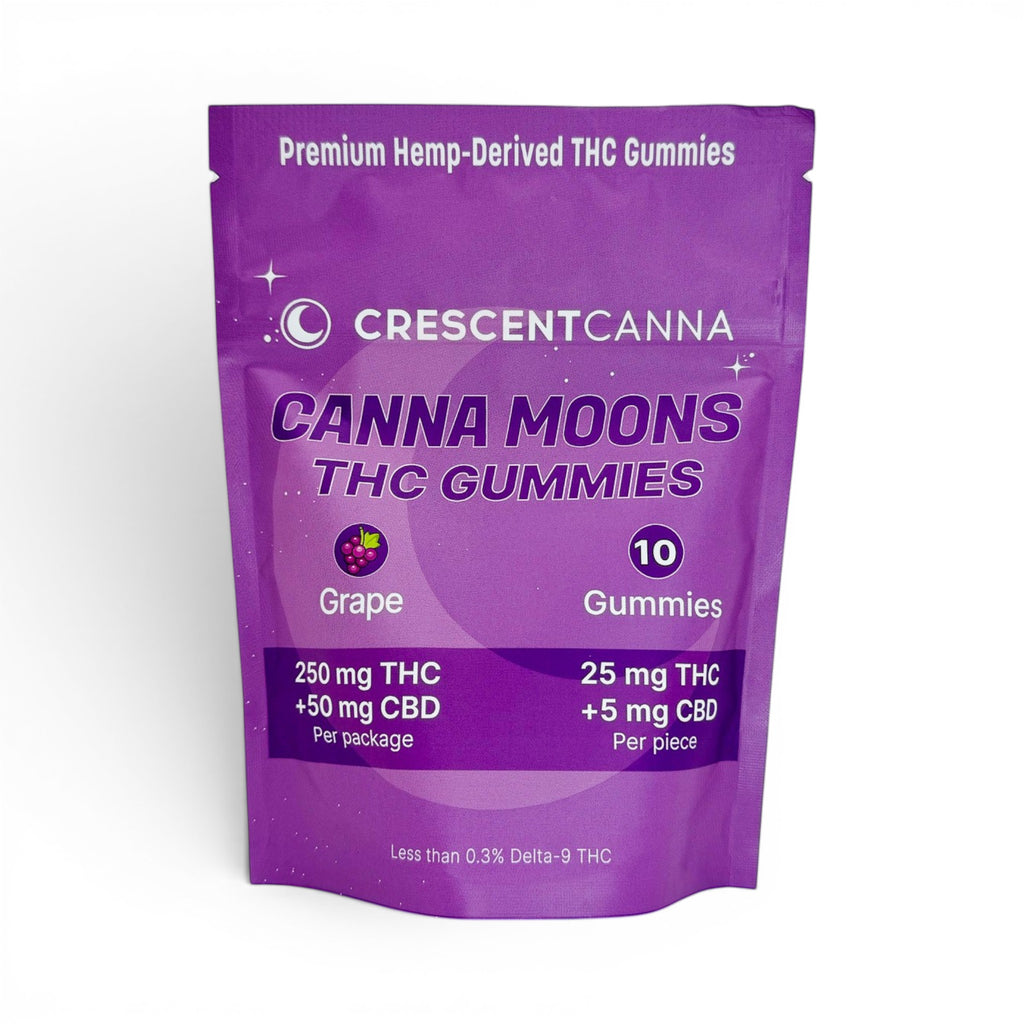 Dr. Wonderstone Crescent Canna CannaMoons grape THC gummies pouch with 250mg THC and 50mg CBD per bag.