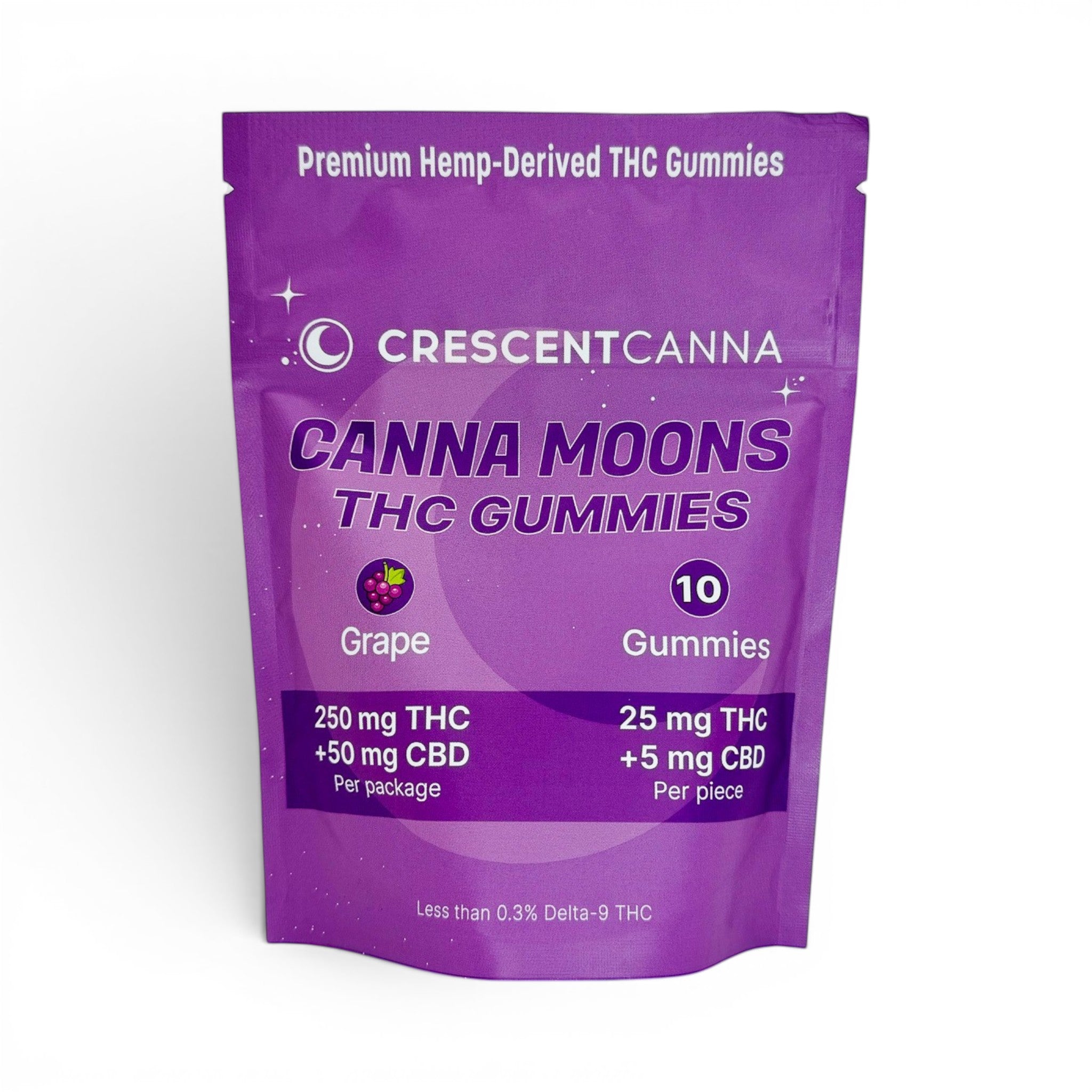 Dr. Wonderstone Crescent Canna CannaMoons grape THC gummies pouch with 250mg THC and 50mg CBD per bag.