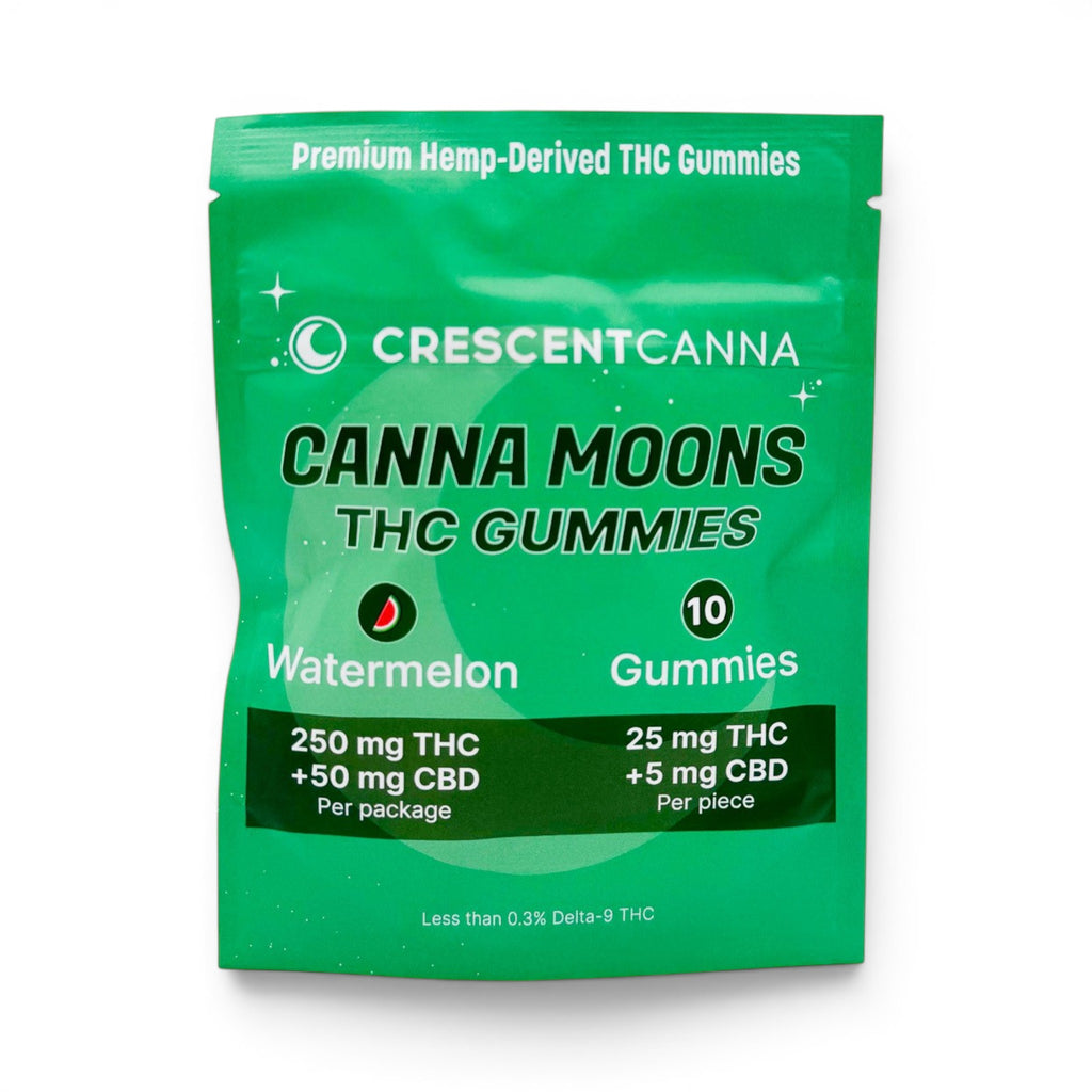 Dr. Wonderstone Crescent Canna CannaMoons watermelon THC gummies in a green pouch with 250mg THC and 50mg CBD.