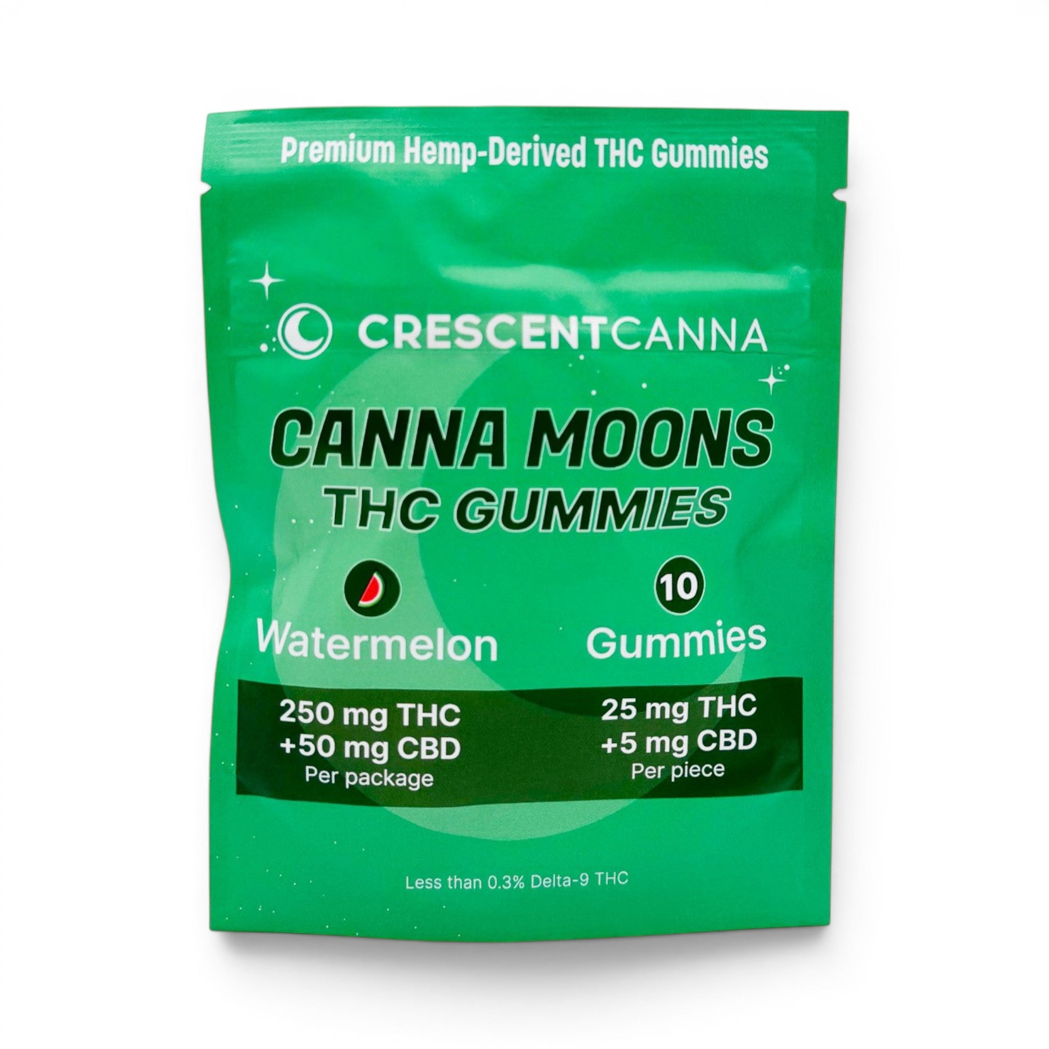 Dr. Wonderstone Crescent Canna CannaMoons watermelon THC gummies in a green pouch with 250mg THC and 50mg CBD.