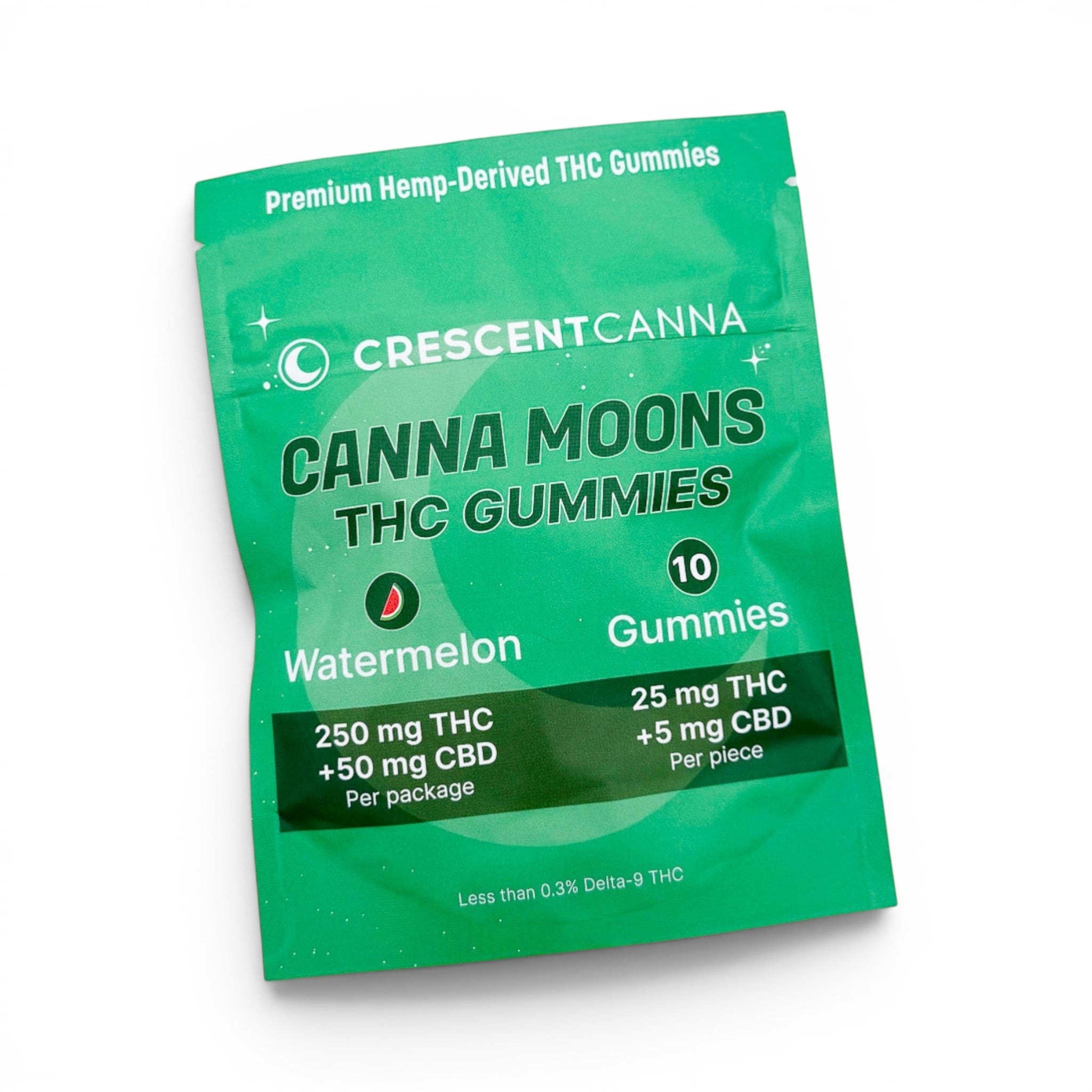 Dr. Wonderstone Crescent Canna CannaMoons watermelon THC and CBD gummies in a green pouch