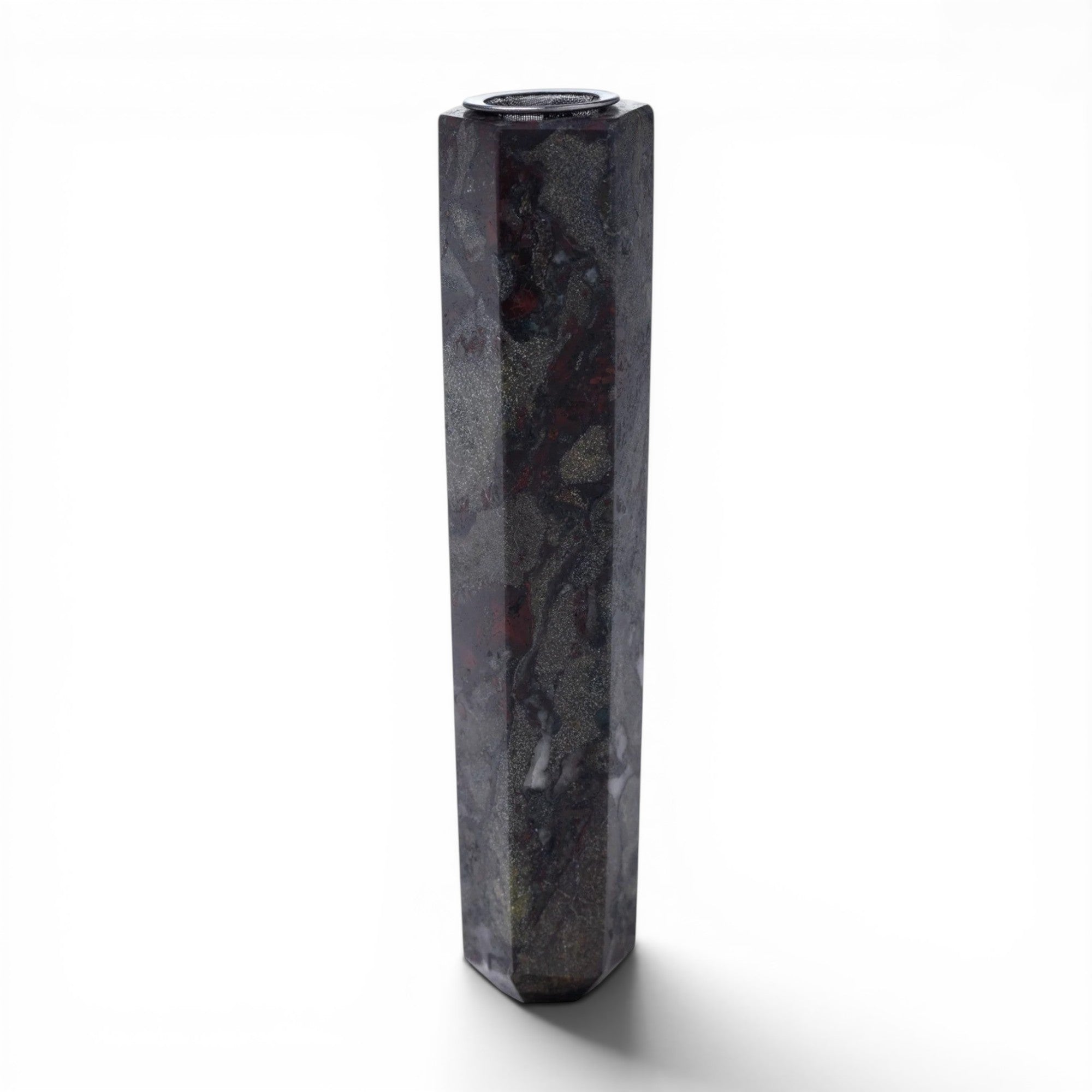 Dr. Wonderstone Astral Project crystal one-hitter tower in dark marbled stone with a stainless steel screen.