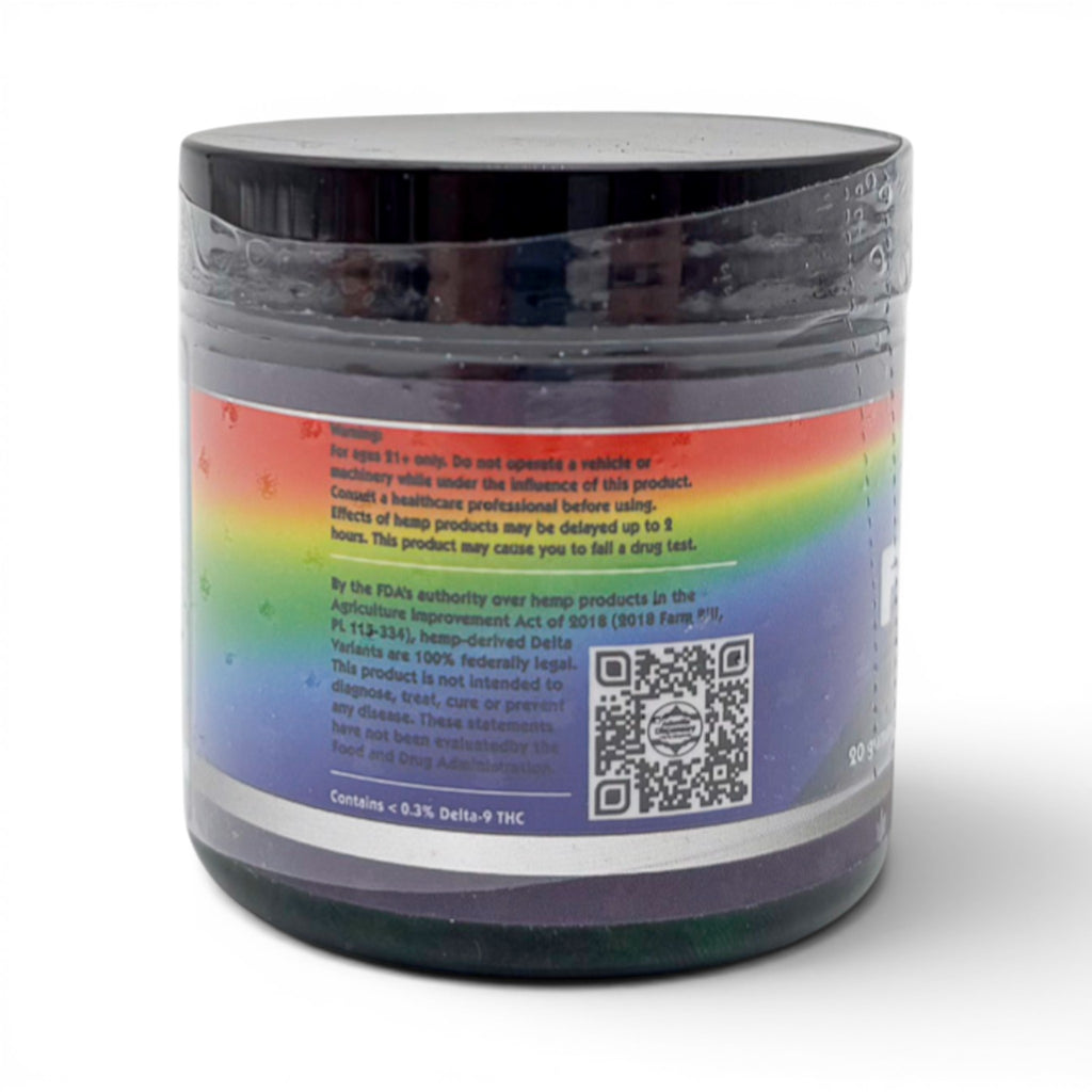 Dr. Wonderstone Feel Good D9 Gummies jar with rainbow label and warning information on a white background