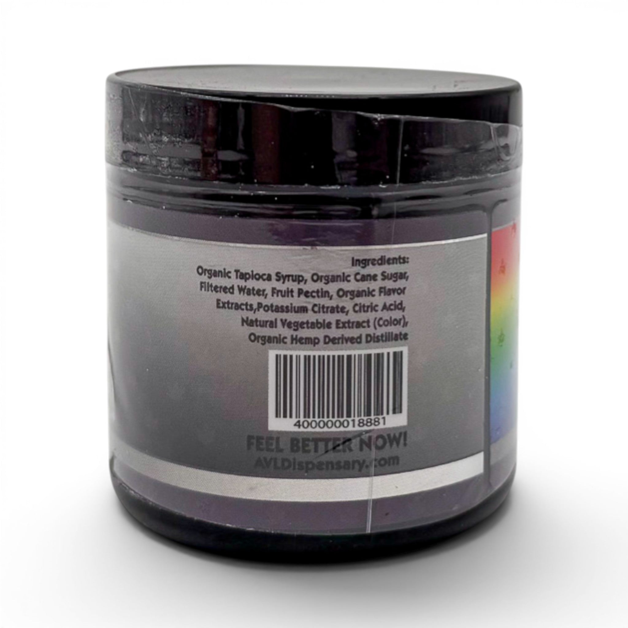 Dr. Wonderstone Feel Good D9 Gummies jar showing ingredient list and barcode on a black label