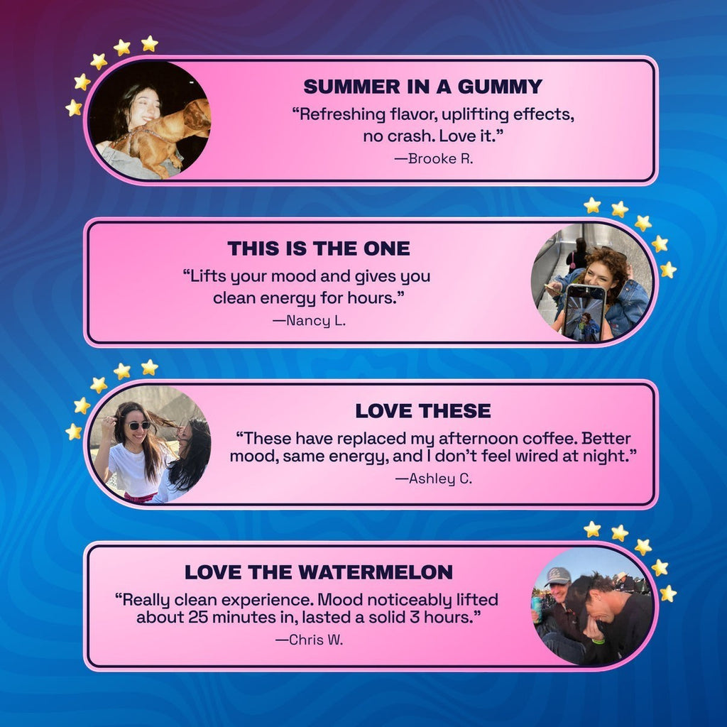 Dr. Wonderstone Daily Mood Gummies customer testimonials featuring photos of happy users on a blue background.