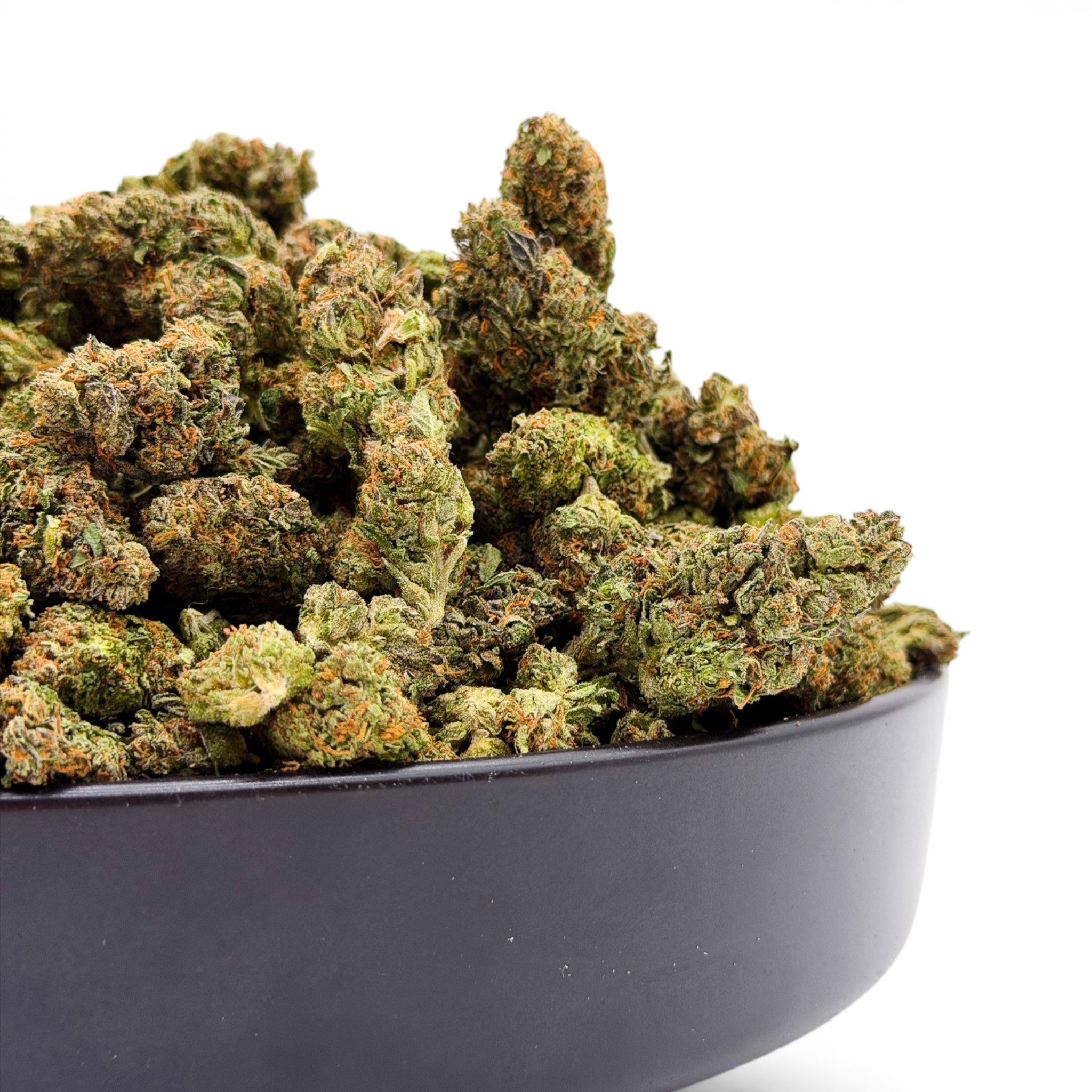 Dr. Wonderstone Dante's Inferno premium THCa flower buds in a black bowl against a white background.