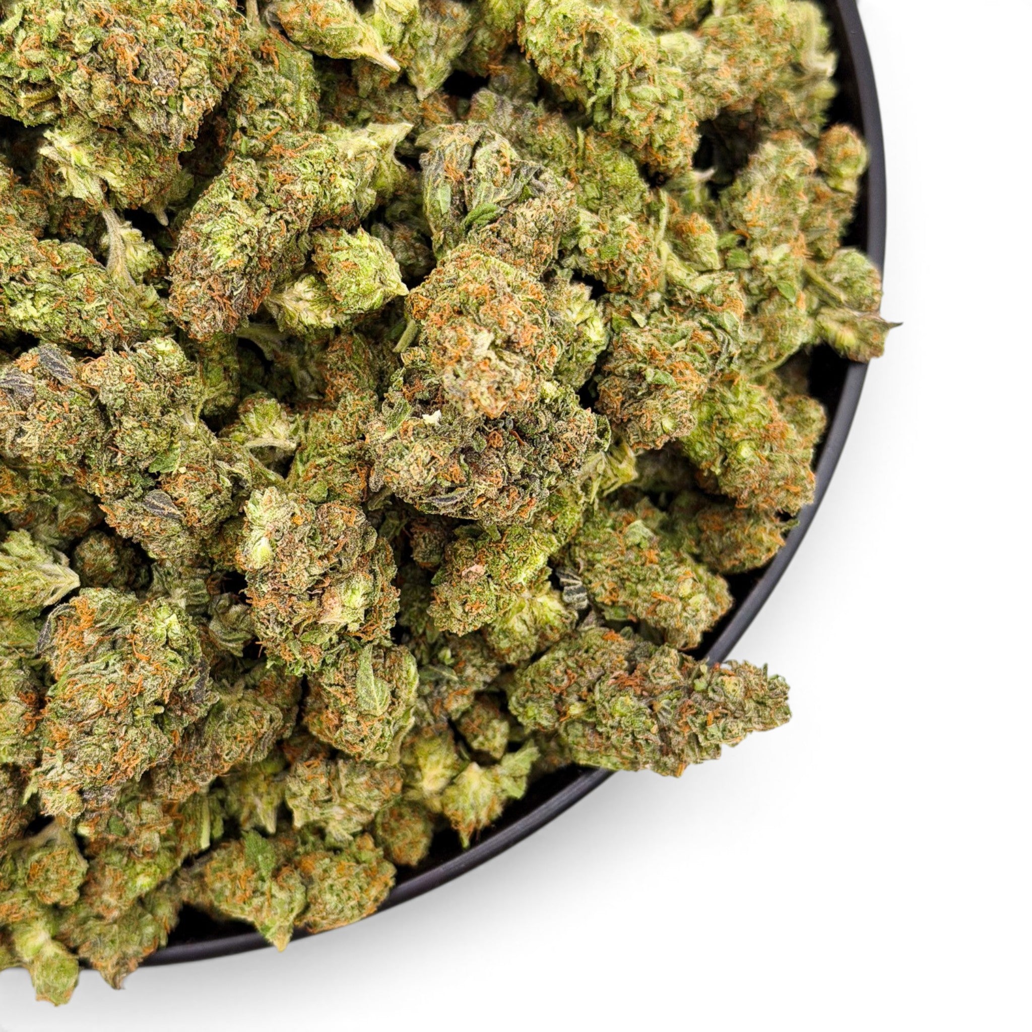 Dr. Wonderstone Dante's Inferno premium THCa flower buds with green leaves and orange pistils in a black bowl