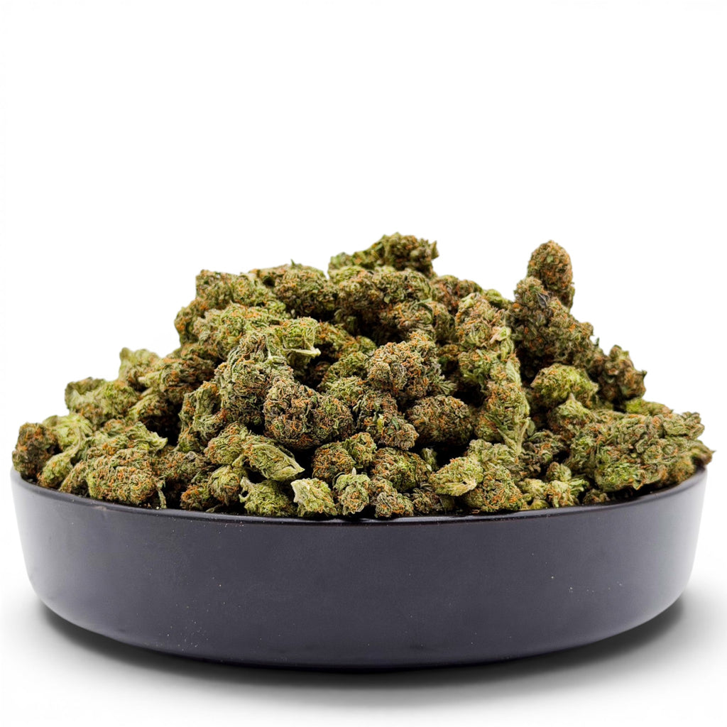 Dr. Wonderstone Dante's Inferno premium THCa flower buds piled in a black bowl against a white background.