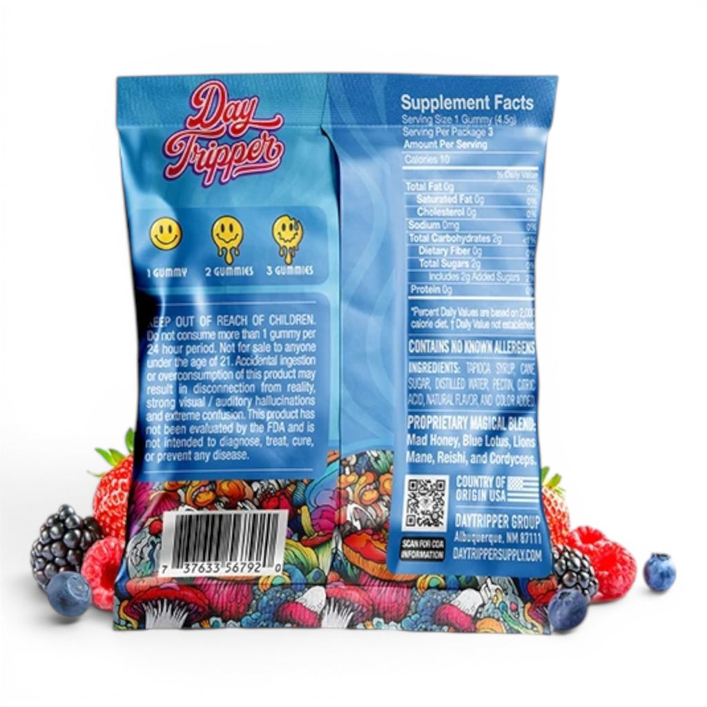 Dr. Wonderstone DayTripper mushroom gummy 3-count sampler bag back view with supplement facts and berry illustrations