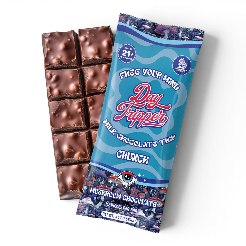 Dr. Wonderstone DayTripper mushroom milk chocolate bar with crunchy texture and psychedelic blue floral packaging.
