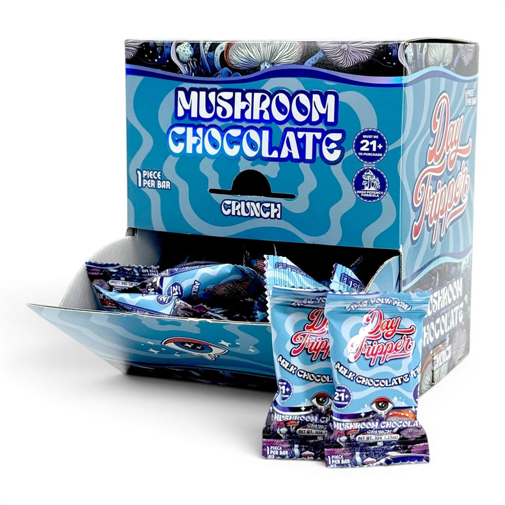 Dr. Wonderstone DayTripper mushroom chocolate display box with individual milk chocolate bar wrappers in blue packaging.