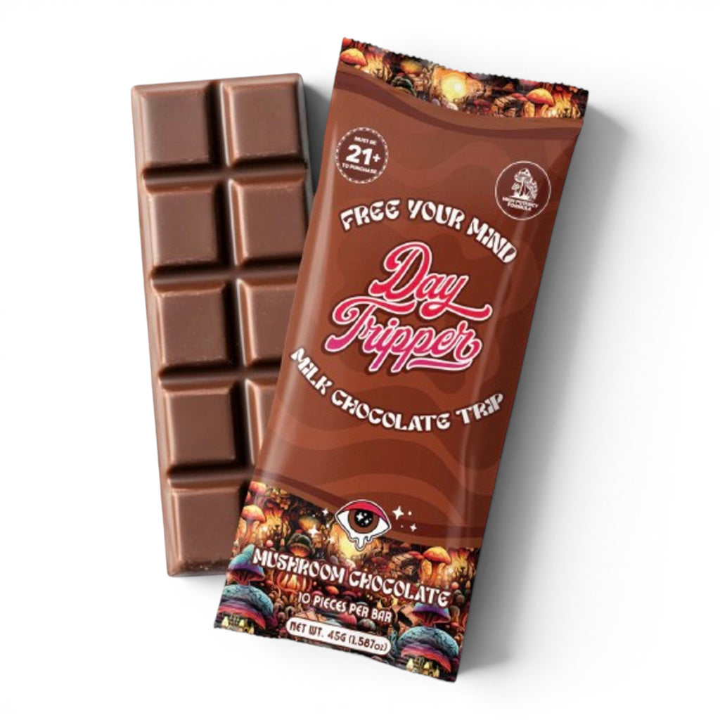 Dr. Wonderstone DayTripper milk chocolate bar with 10 breakable squares and psychedelic mushroom-themed packaging.