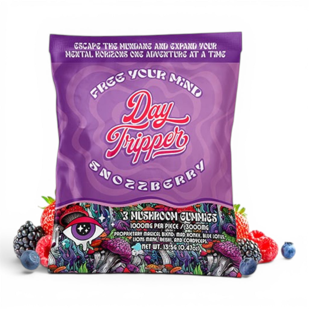 Dr. Wonderstone DayTripper Snozzberry mushroom gummy sampler pack with vibrant psychedelic mushroom art and berries.