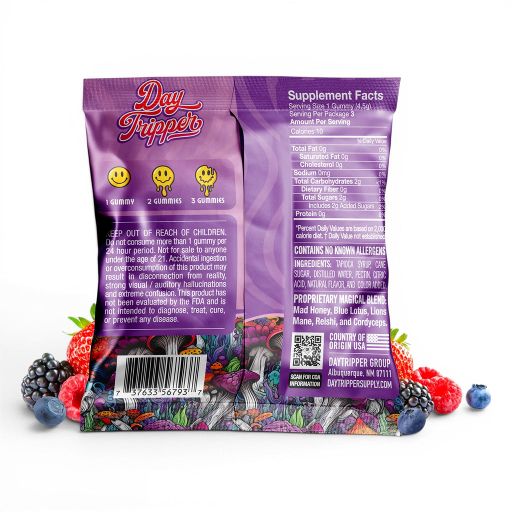 Dr. Wonderstone DayTripper mushroom gummy sampler pouch with purple packaging and fresh berries on a white background